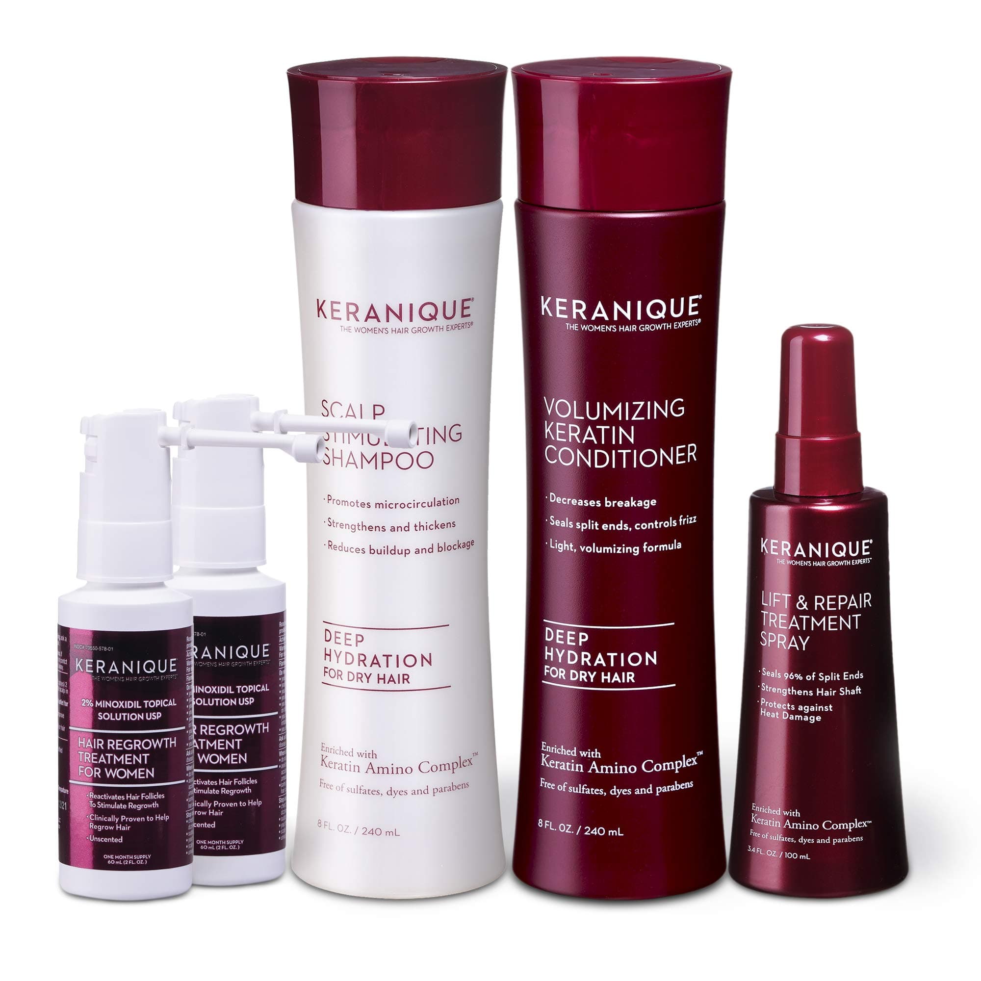 Keranique Deep Hydration Anti-Hair Loss System - includes Hair Growth Shampoo and Conditioner for Dry Thinning Hair, 2% Minoxidil Spray, and Lift a...