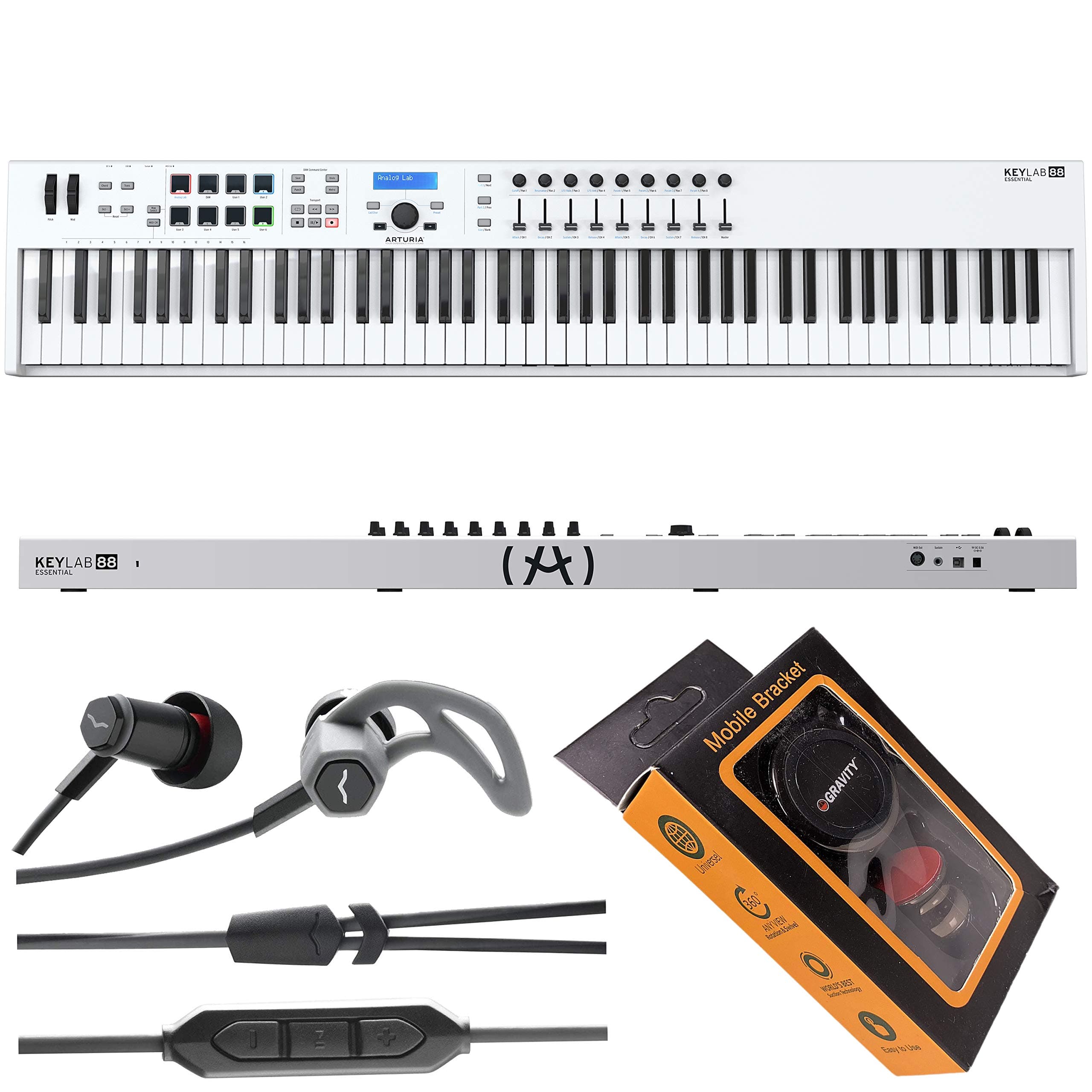 Arturia KeyLab Essential 88 88-Note USB MIDI Keyboard Controller, 9 Rotary Knobs, 8 Pads, 9 Faders, and Analog Lab Software with V-Moda Forza in-Ea...