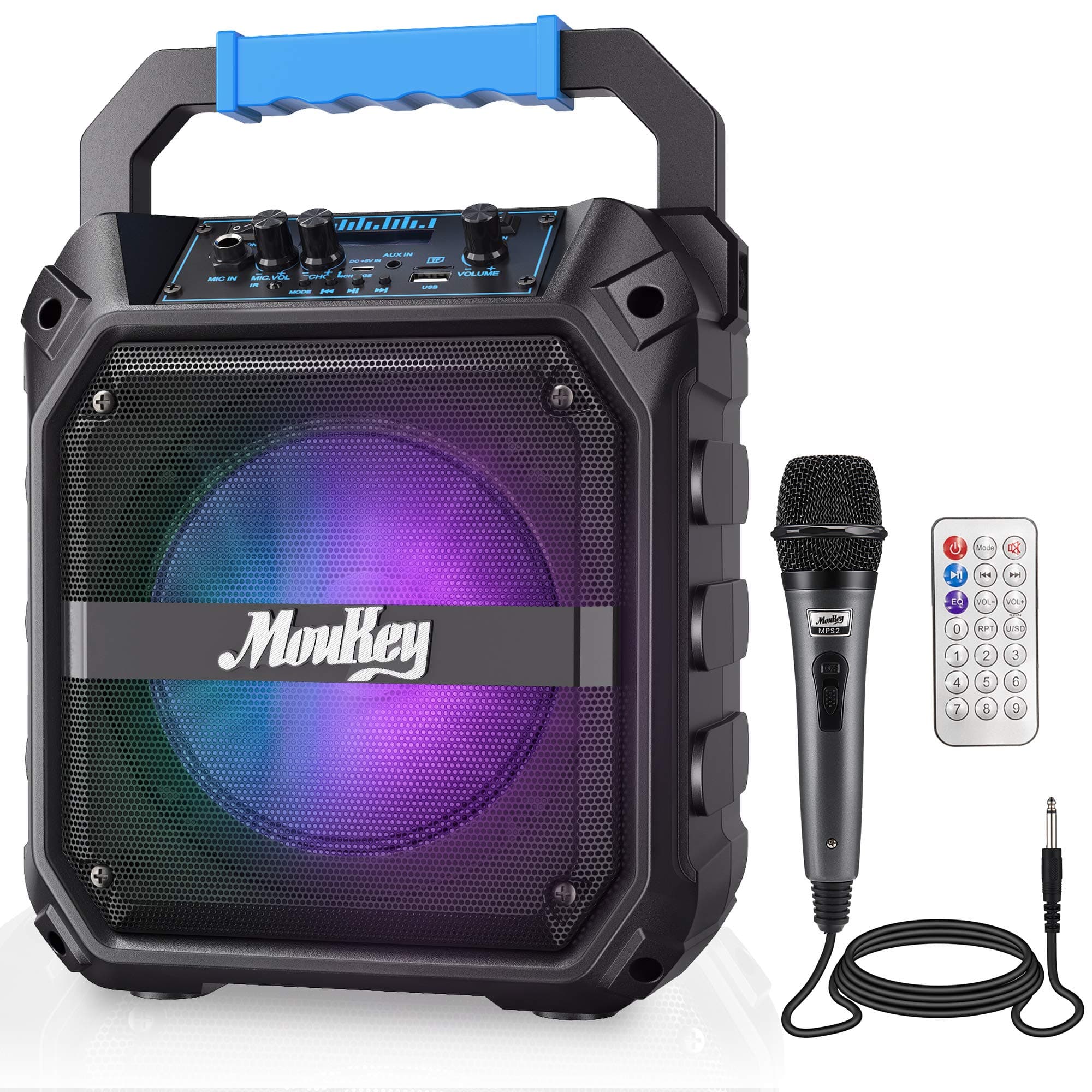 Moukey Portable Karaoke Machine - Bluetooth PA Speaker with Microphone, 6.5'' Stereo Speaker, DJ Lights, FM Radio, Remote Control, Recharge...