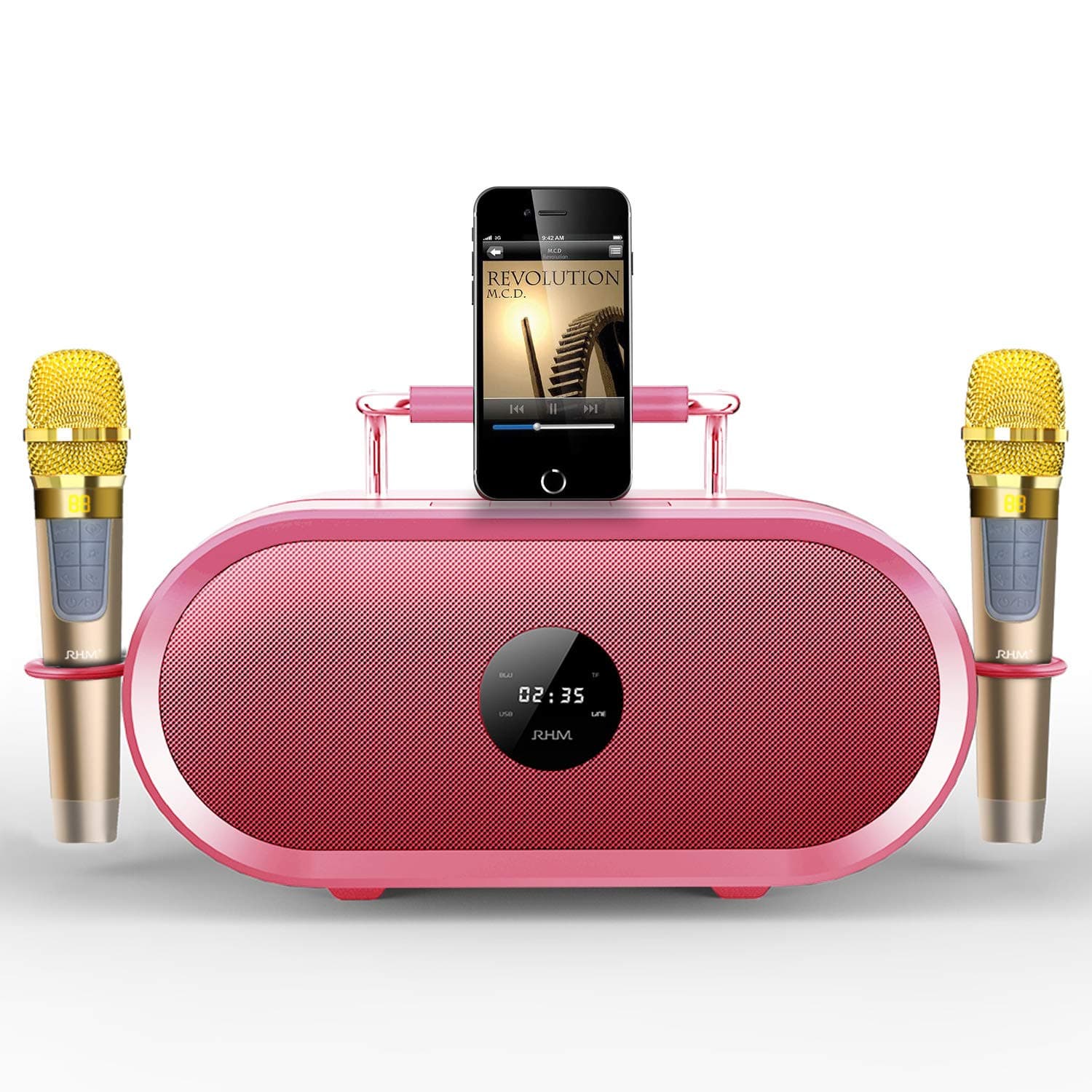 RHM Karaoke Machine for Kids&Adult,2 Wireless Microphones,Rechargeable Battery Speaker,Portable PA Speaker System with Bluetooth/AUX/USB/SD for Hom...