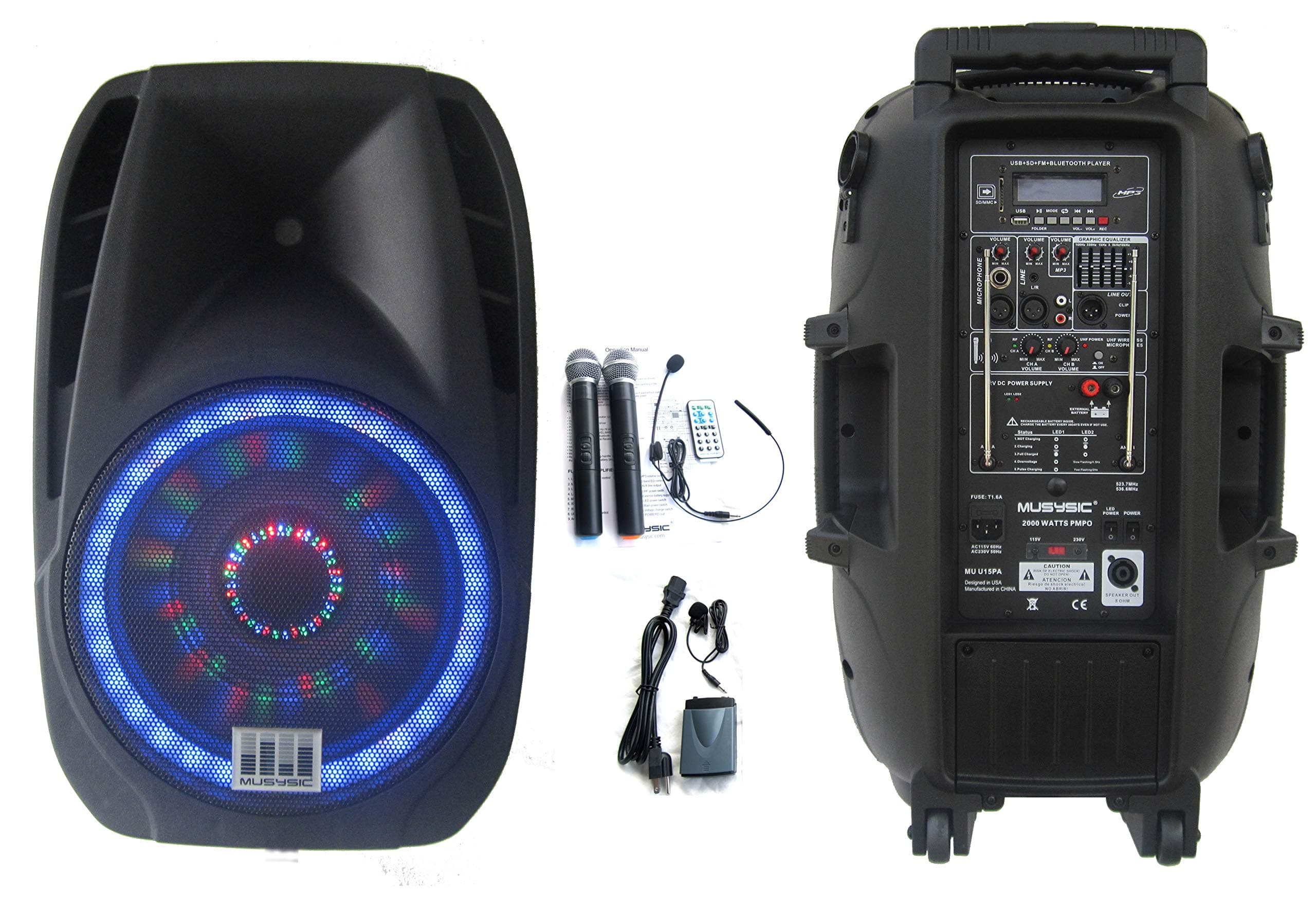 Professional 2000 Watts Portable 15" PA System Speaker Bluetooth Dual UHF Wireless Mics Bluetooth Recording Rechargeable Battery MUSYSIC U15PA