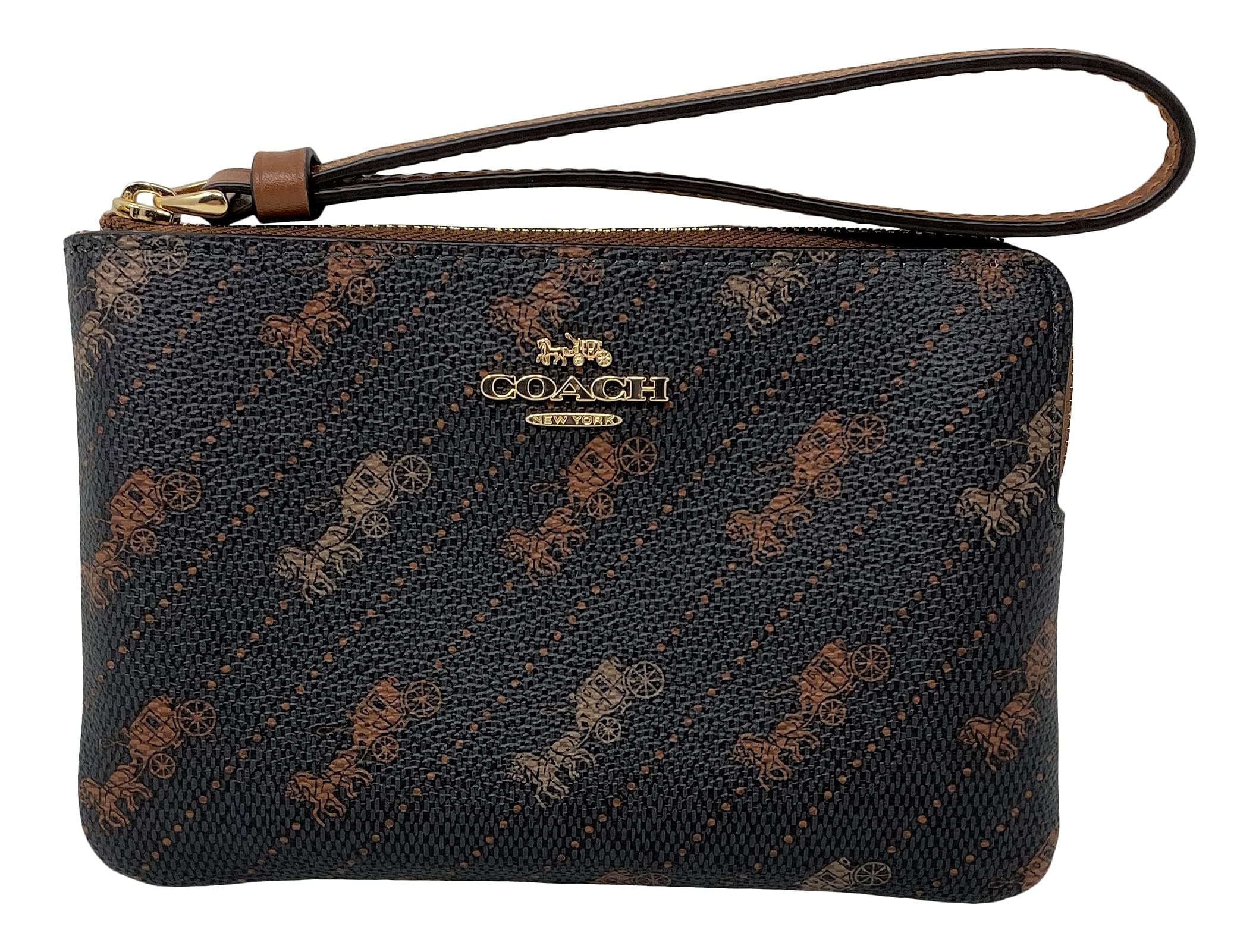 Coach Signature Canvas Corner Zip Wristlet with Smooth Leather Detailing and a Butterfly Print (Khaki/Pink Multi/Gold)