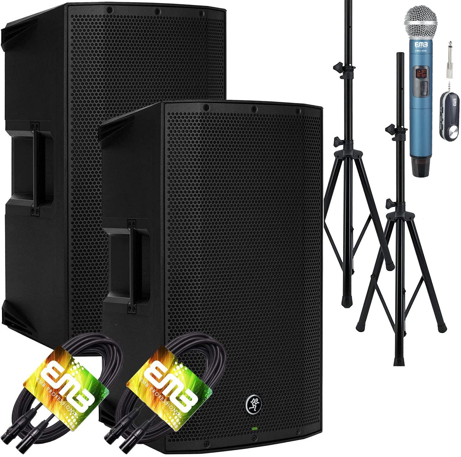 (2) Mackie Thump15A THUMP-15A 1300W 15" Powered Loudspeaker (Pair) with EMB Speaker Stand + EMB Microphone and EMB XLR Cable Bundle