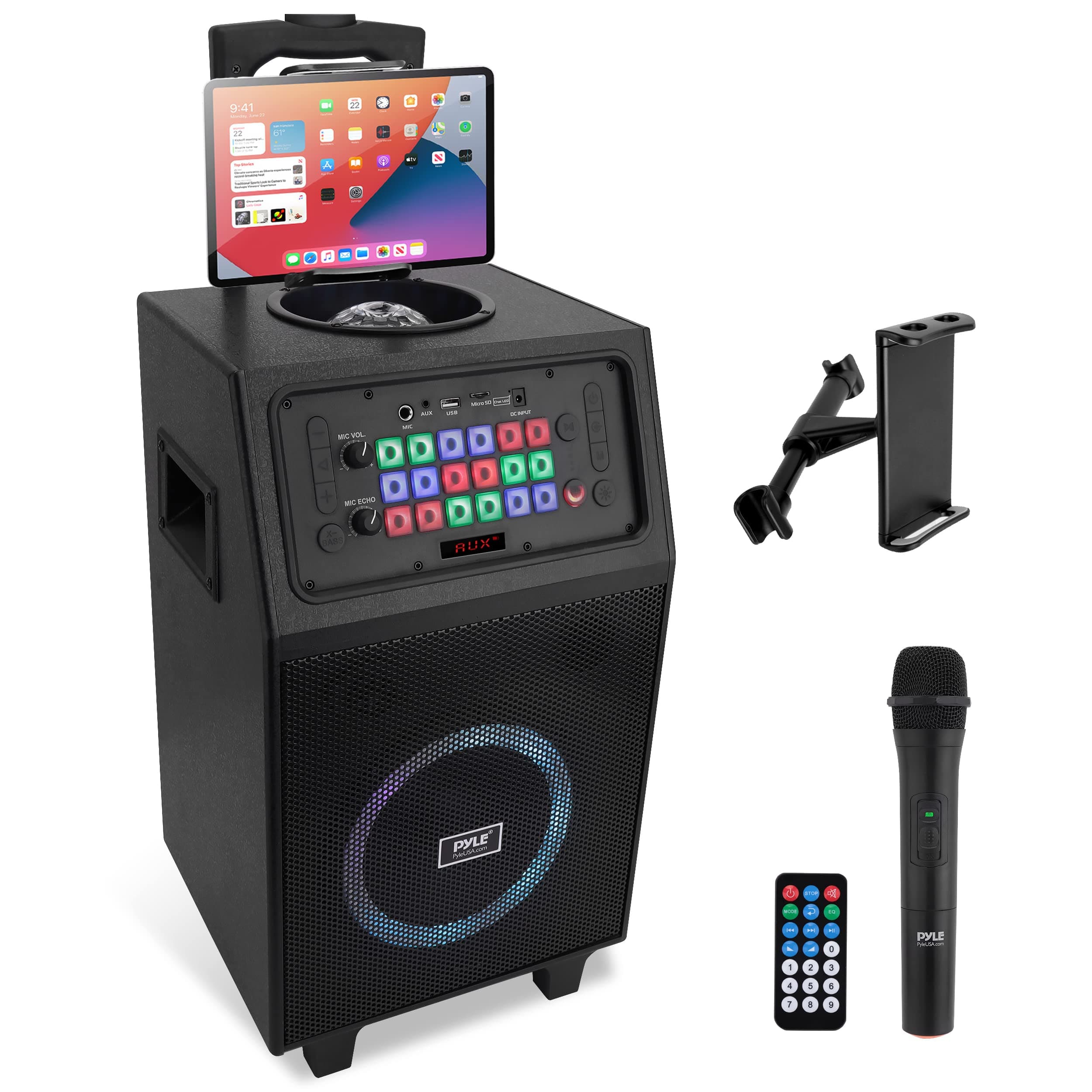Portable Karaoke PA Speaker System - 600W 8” Rechargeable BT Speaker, TWS, Party Lights, LED Display, FM/AUX/MP3/USB/SD, Wheels - Wireless Mic, Rem...