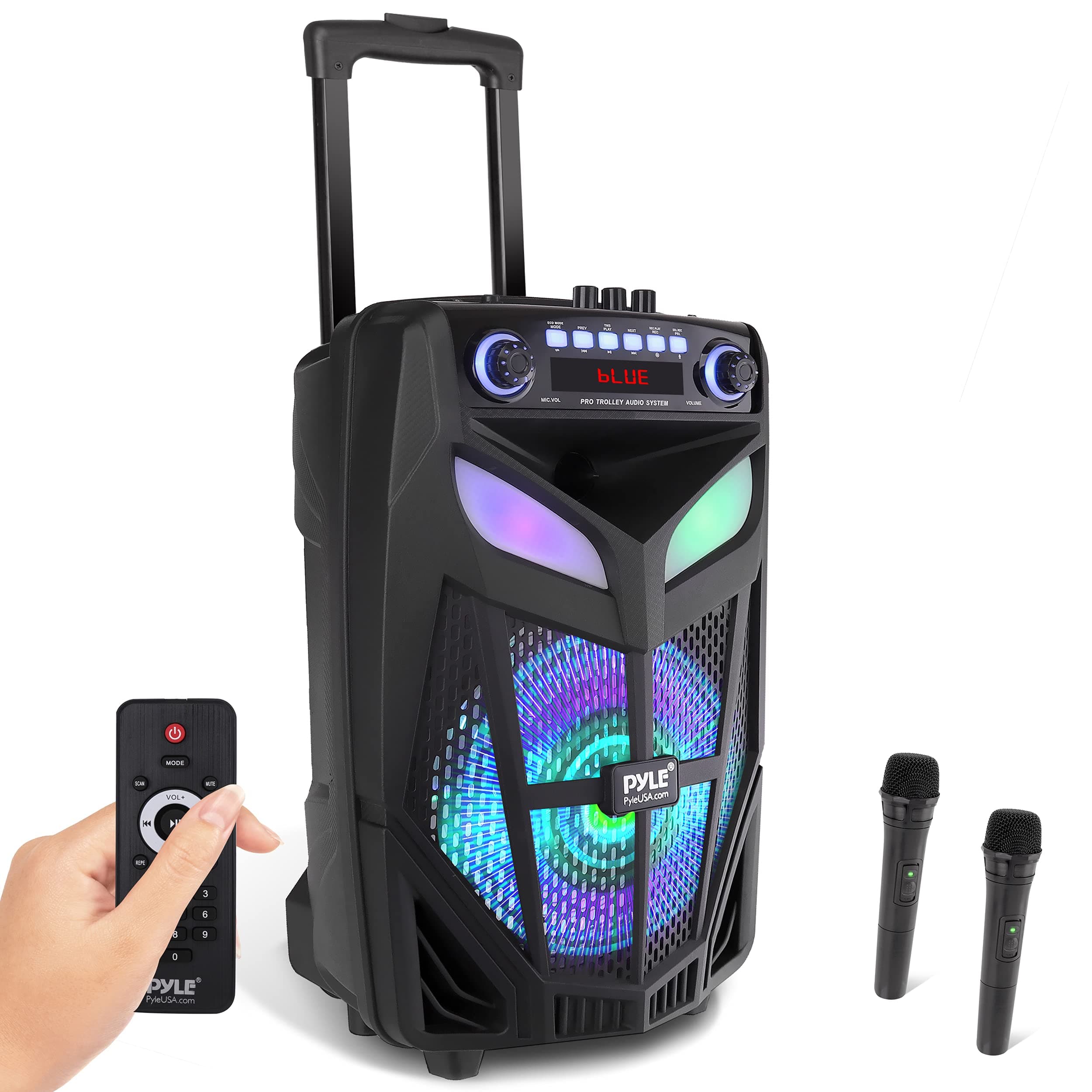 Portable Bluetooth PA Speaker System - 600W 10” Outdoor BT Speaker - Includes 2 Wireless Microphones, Party Lights, USB SD Card Reader, FM Radio, R...