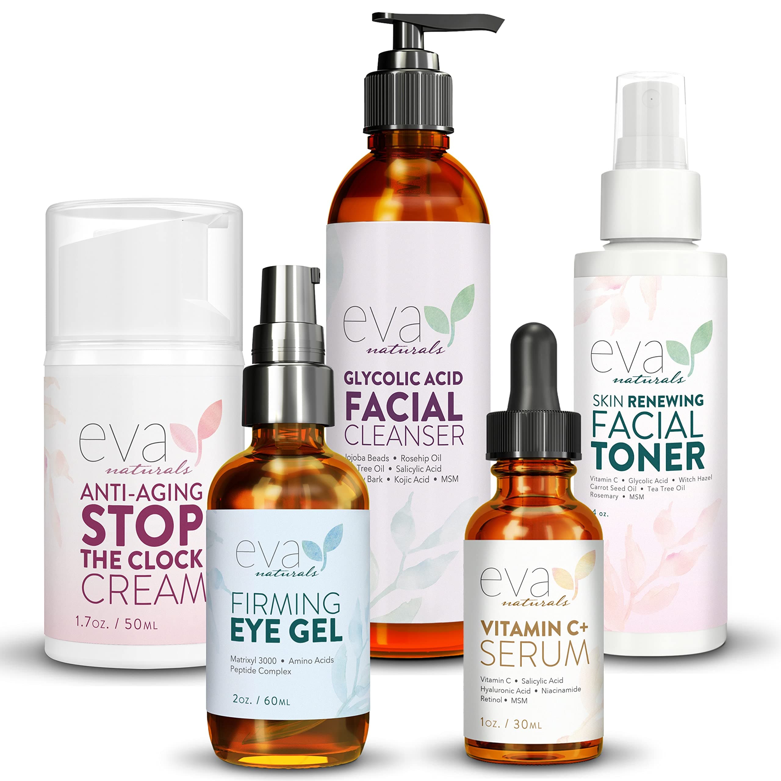Eva Naturals Rewind Time Bundle - Vitamin C Plus Serum (1oz), Eye Gel (2oz), Stop the Clock Moisturizing Cream (1.7oz), Glycolic Acid Cleanser (6oz...