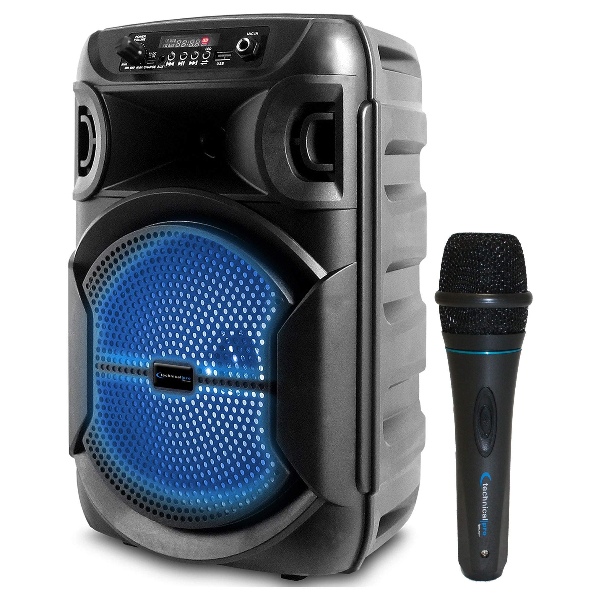 Technical Pro 8 Inch Portable 800 W Bluetooth Speaker w/Woofer & Tweeter and Portable Microphone w/Digital Processing Wired Mic Included, XLR to 1/...