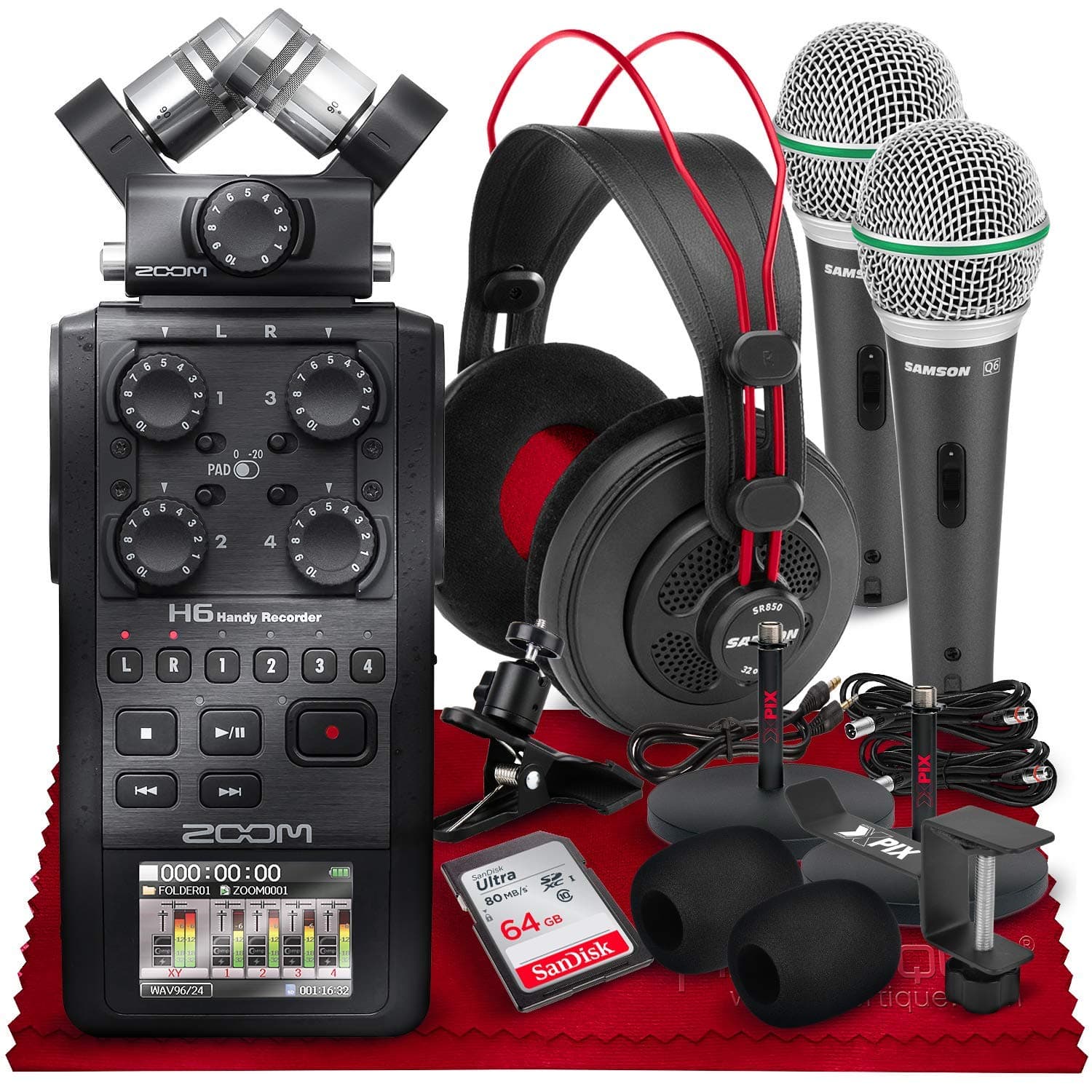 Zoom H6 All Black 6-Input / 6-Track Portable Handy Recorder with Single Mic Capsule (Black) + Headphones, Dynamic Handheld Microphone (x2), Mic Sta...