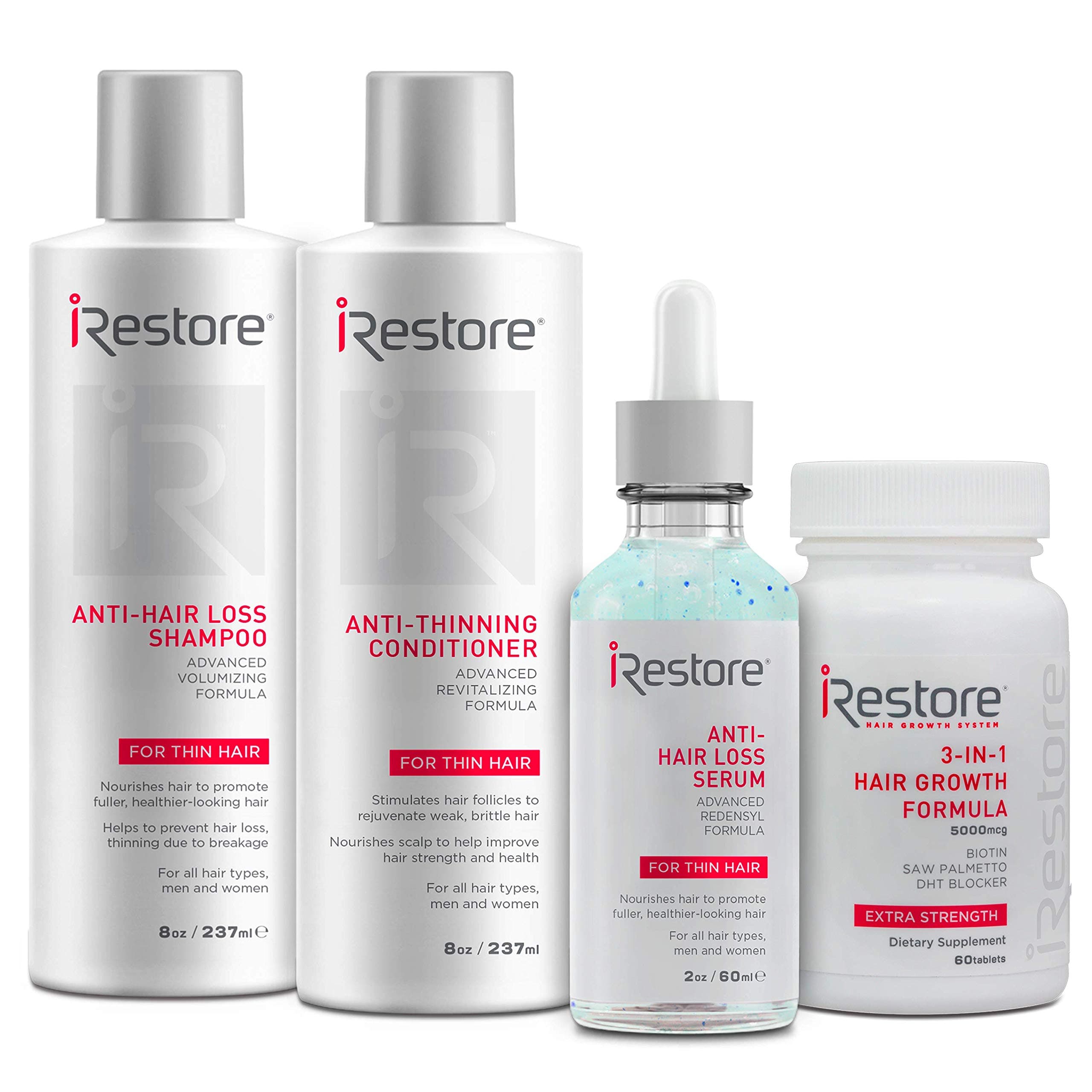 iRestore Max Growth Bundle includes the 3-in-1 Hair Growth Supplement, Anti-Hair Loss Serum, Anti-Hair Loss Shampoo and Anti-Thinning Conditioner t...