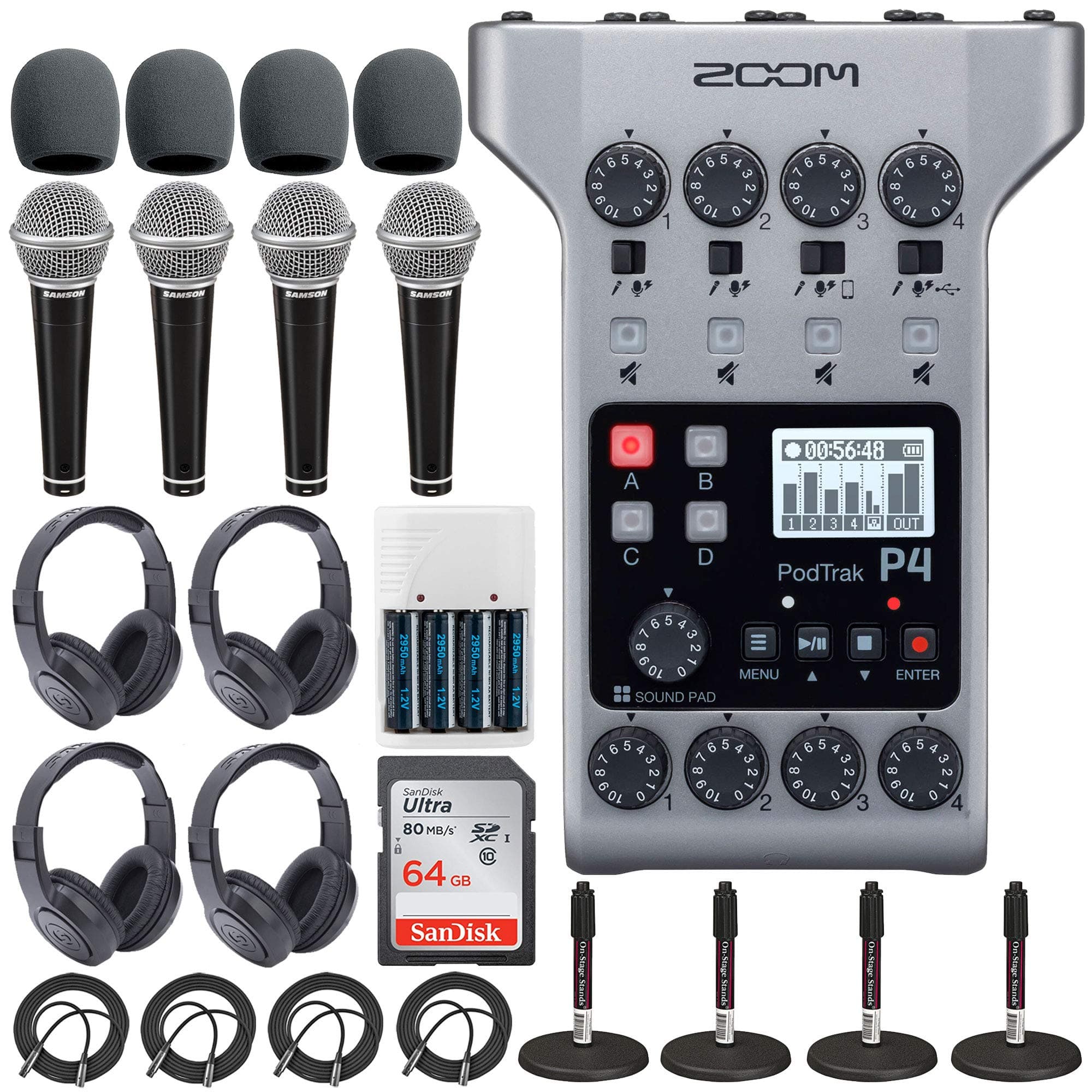 Zoom PodTrak P4 Portable Multitrack Podcast Recorder + 64GB SDXC Memory Card + 4x Dynamic Cardioid Handheld Mic + 4x Stereo Headphones + 4x Foam Wi...