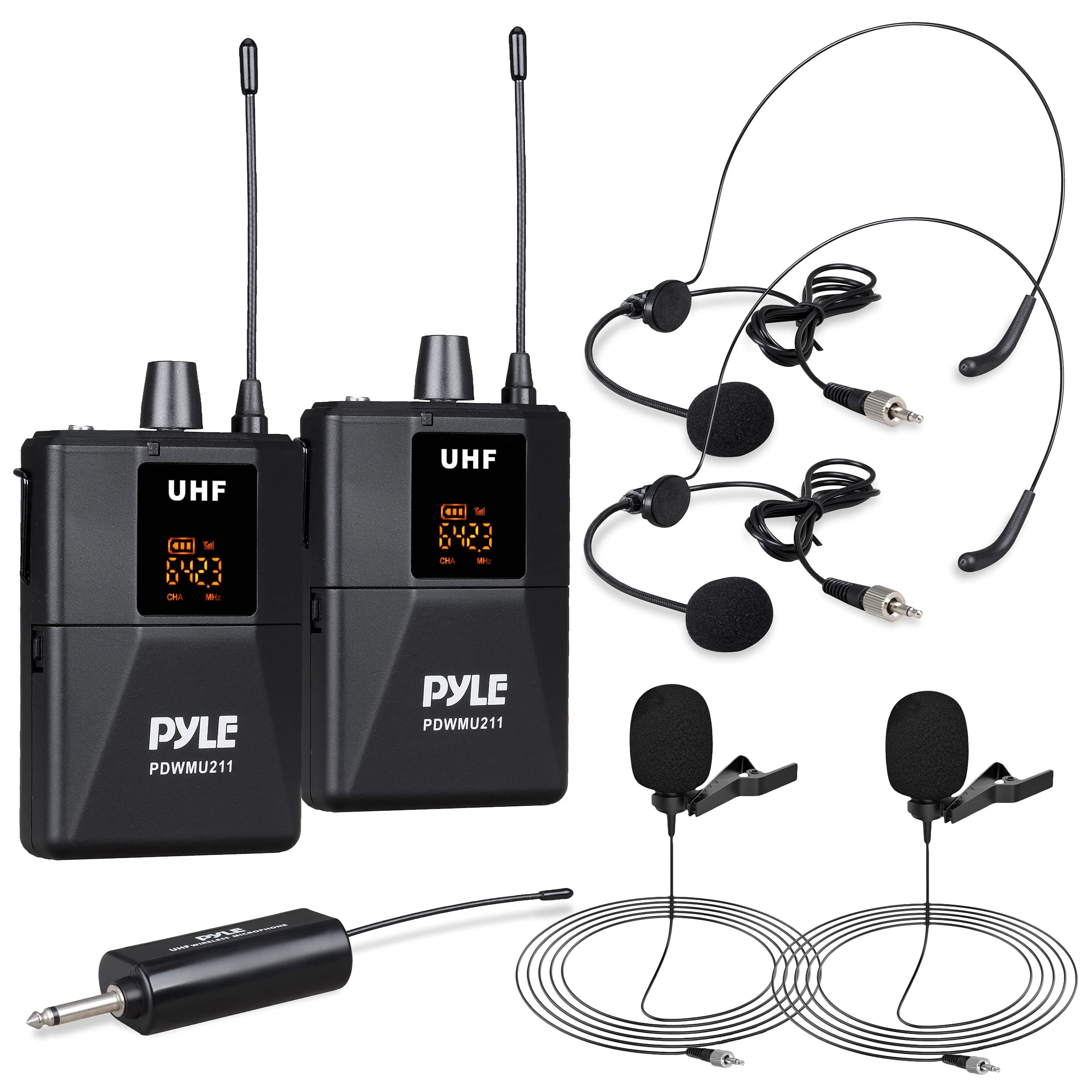 Dual UHF Wireless Microphone System - Portable Professional Cordless Microphone Set Wireless Mic Kit w/Headset Mic, Lavalier Mic, Beltpack Transmit...
