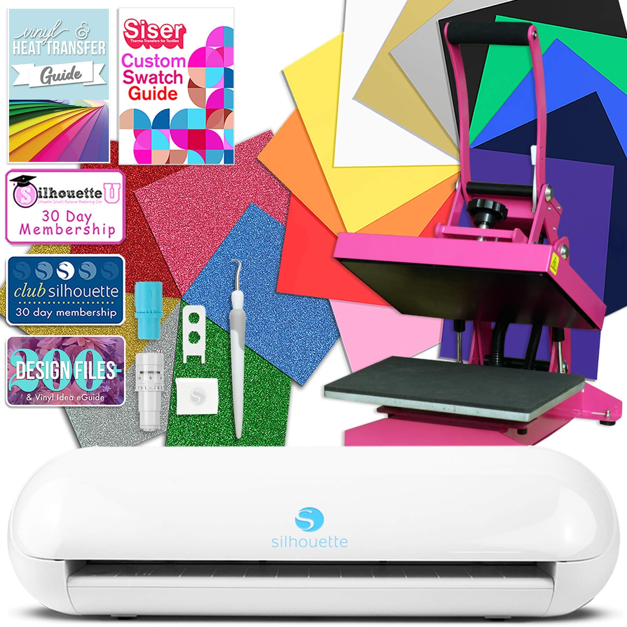 Silhouette Portrait 3 T-Shirt Bundle with Pink Heat Press, Fabric Heat Transfer Vinyl, Guides