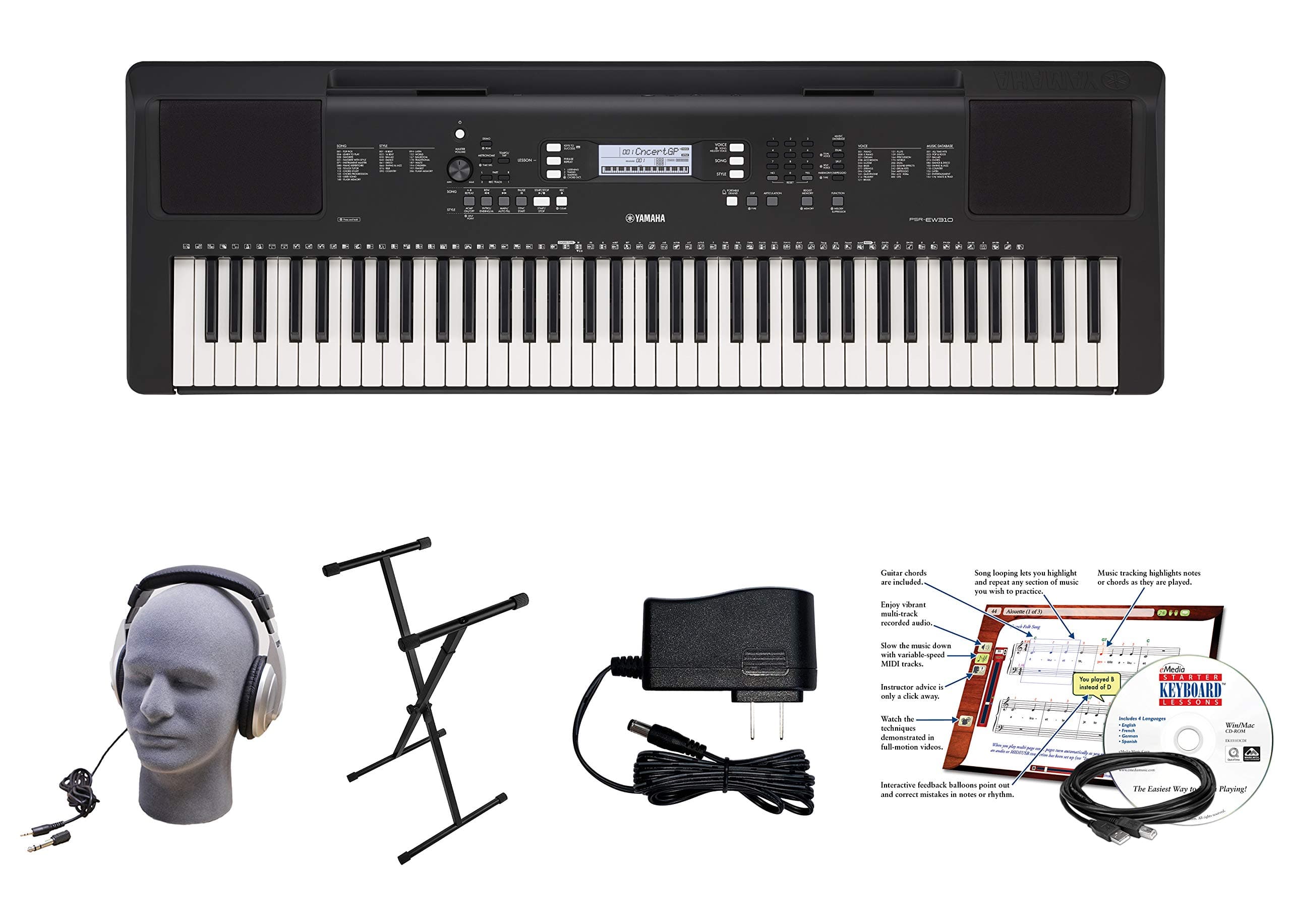 Yamaha PSR-EW310 EPS 76-Key Educational Keyboard Pack with Power Supply, X-Style Stand, Headphones, USB Cable, and Instructional Software, YAM PSRE...