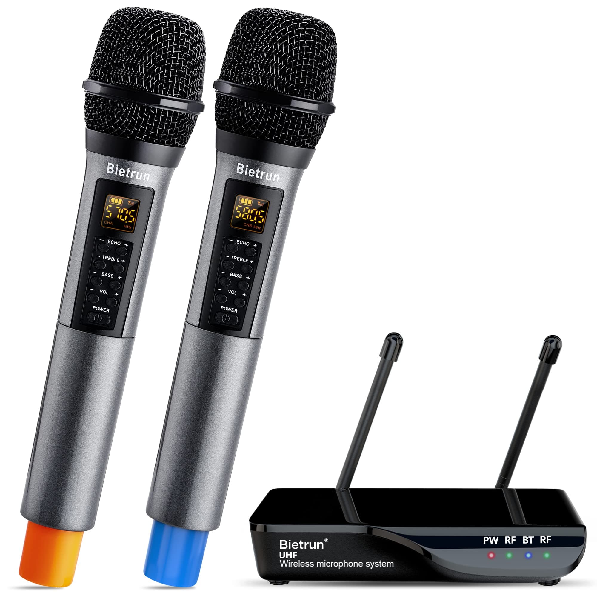 Bietrun Wireless Microphone with Echo, Treble, Bass & Bluetooth, 160 FT Range, UHF Portable Dual Handheld Karaoke Dynamic Microphone System, for Ka...