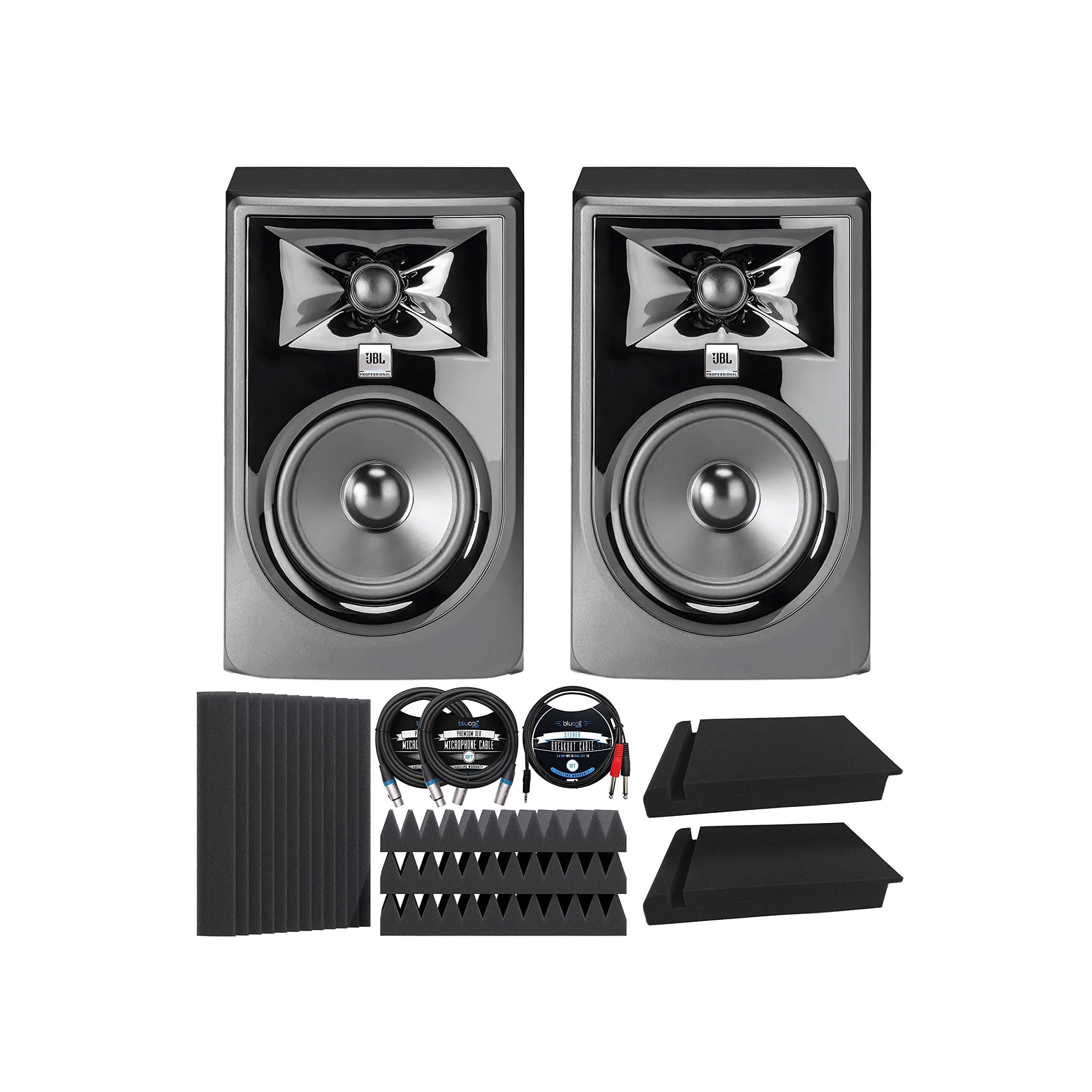 JBL Professional 305P MkII Next-Generation Studio Monitors (2-pk) Bundle with Blucoil 12" Acoustic Wedges (4-pk), 10' XLR Cables (2-pk), 5&...