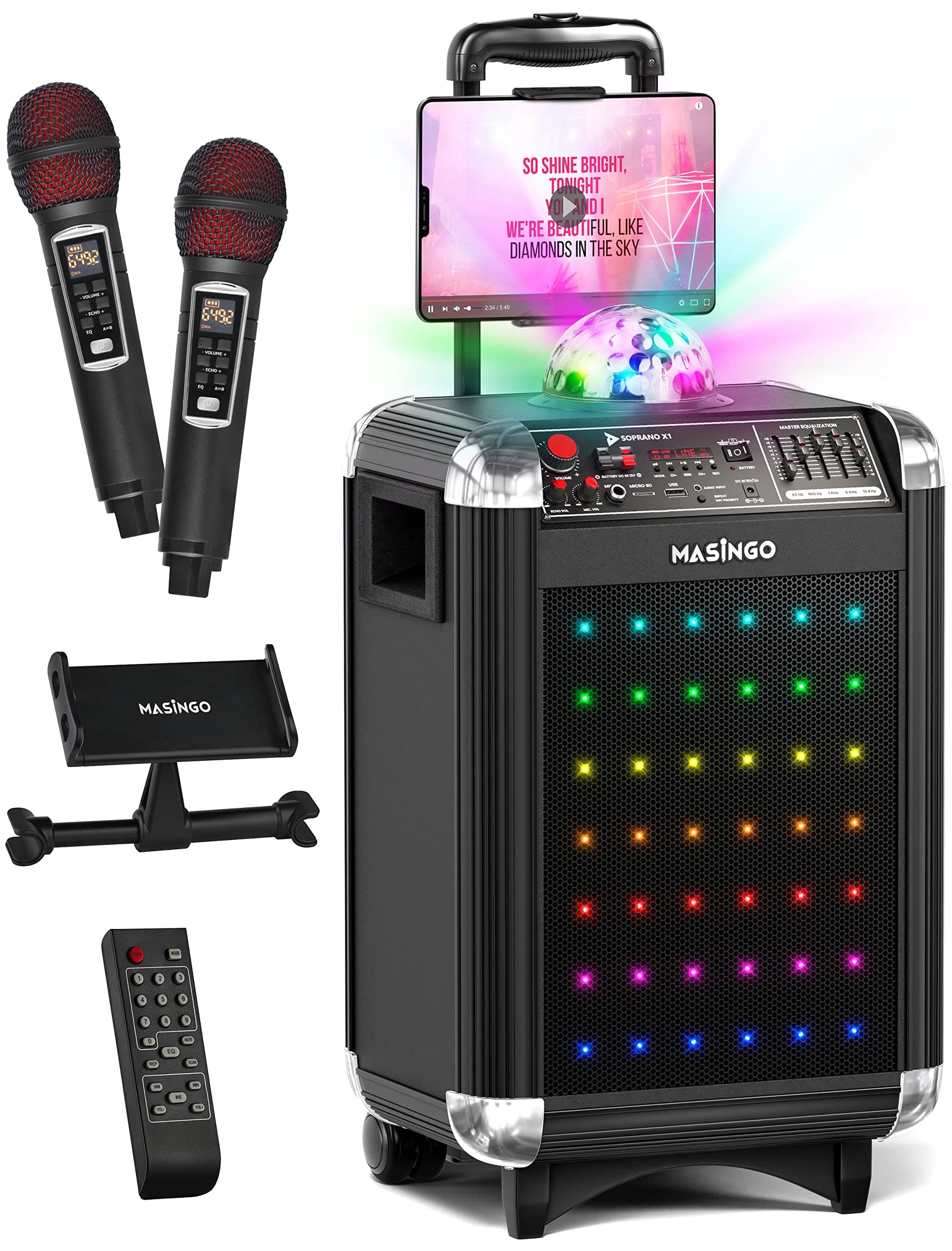 MASINGO Bluetooth Karaoke Machine for Adults and Kids - Portable Singing Equipment Set W/ 2 Wireless Karaoke Microphones - PA Speaker System with D...