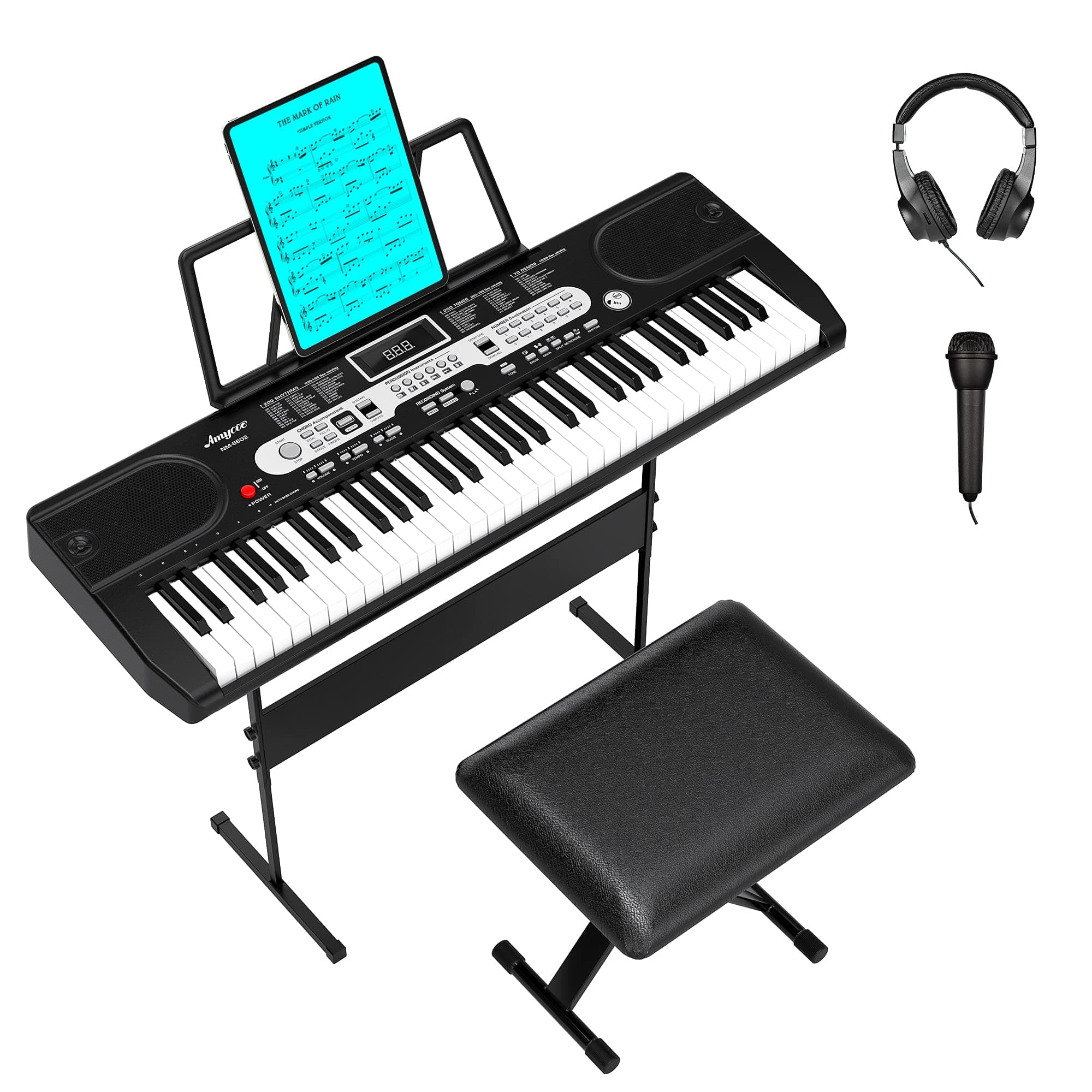61-Key Electric Keyboard Piano, Amyove Portable Piano Keyboards for Beginners with LCD Display, Headphones, Microphone, Power Supply, Sheet Music S...