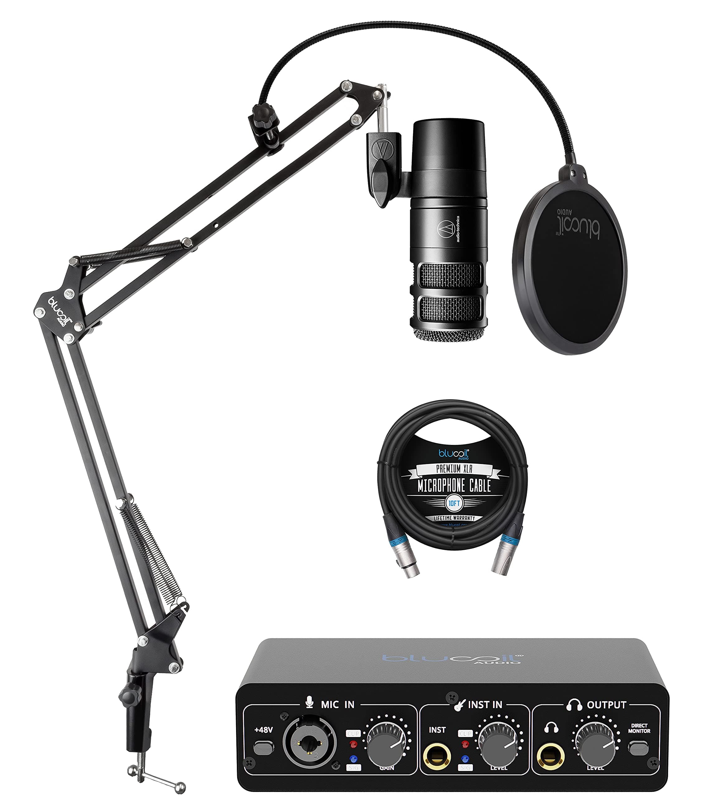 Audio Technica AT2040 Hypercardioid Dynamic Podcast Microphone with XLR Connection, Integrated Shockmount Bundle with Blucoil 10' XLR Cable, Bo...