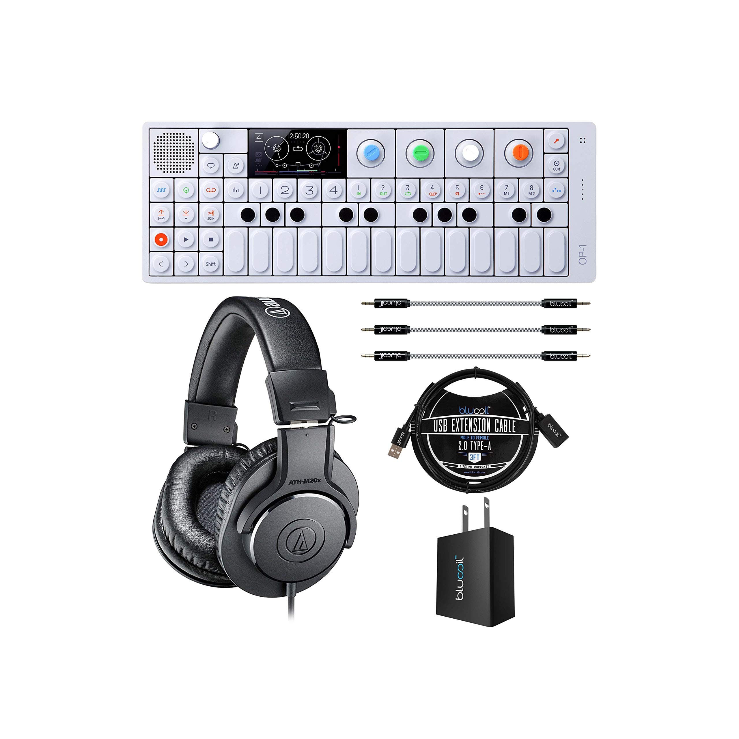 teenage engineering OP-1 Portable Synthesizer, Sampler, and Controller Bundle with Audio Technica ATH-M20x Monitor Headphones, Blucoil USB Wall Ada...