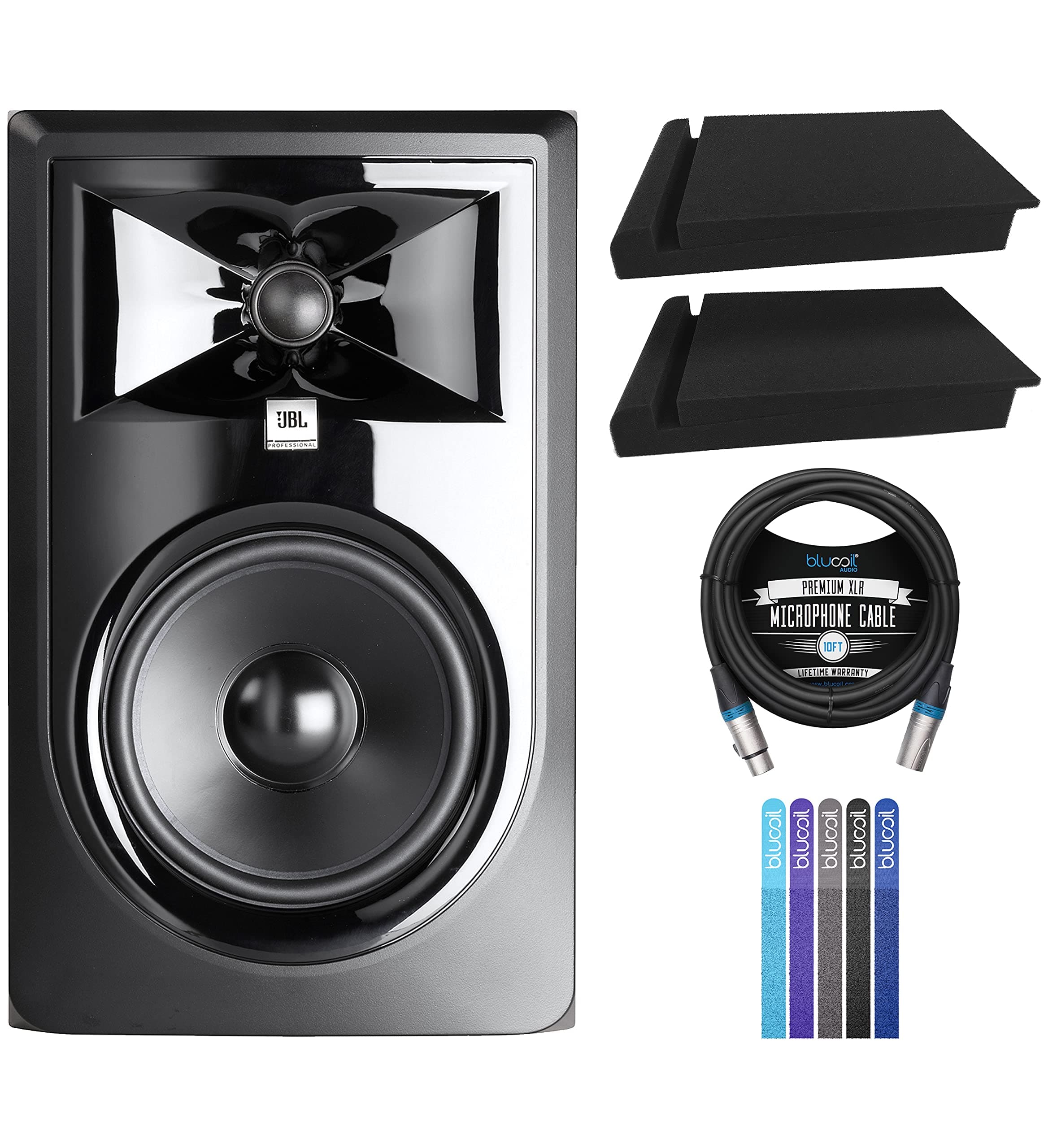 JBL Professional 306P MkII Next-Generation 6" 2-Way Powered Studio Monitor (Single) Bundle with Blucoil 10-FT Balanced XLR Cable, 5-Pack of Reu...
