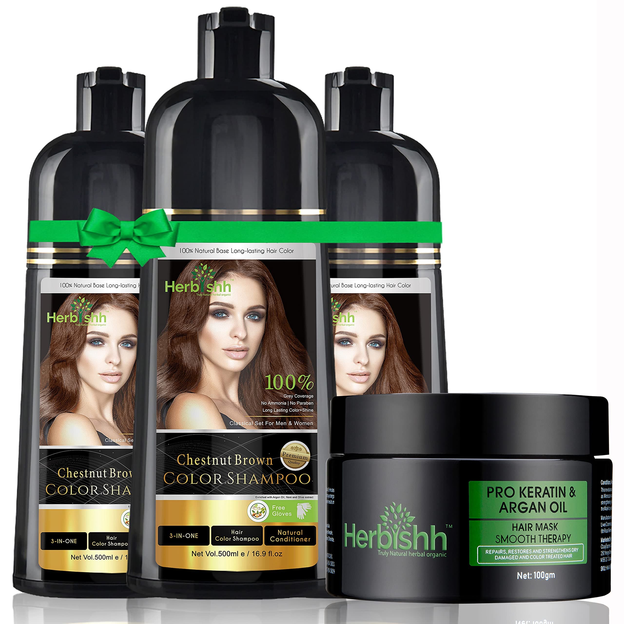 Herbishh Ultimate Hair Color Shampoo Kit (3pcs Hair Color Shampoo Dye +1 Argan Hair Mask) Smooth and Long Lasting Color Shampoo for Grey Hair Men &...