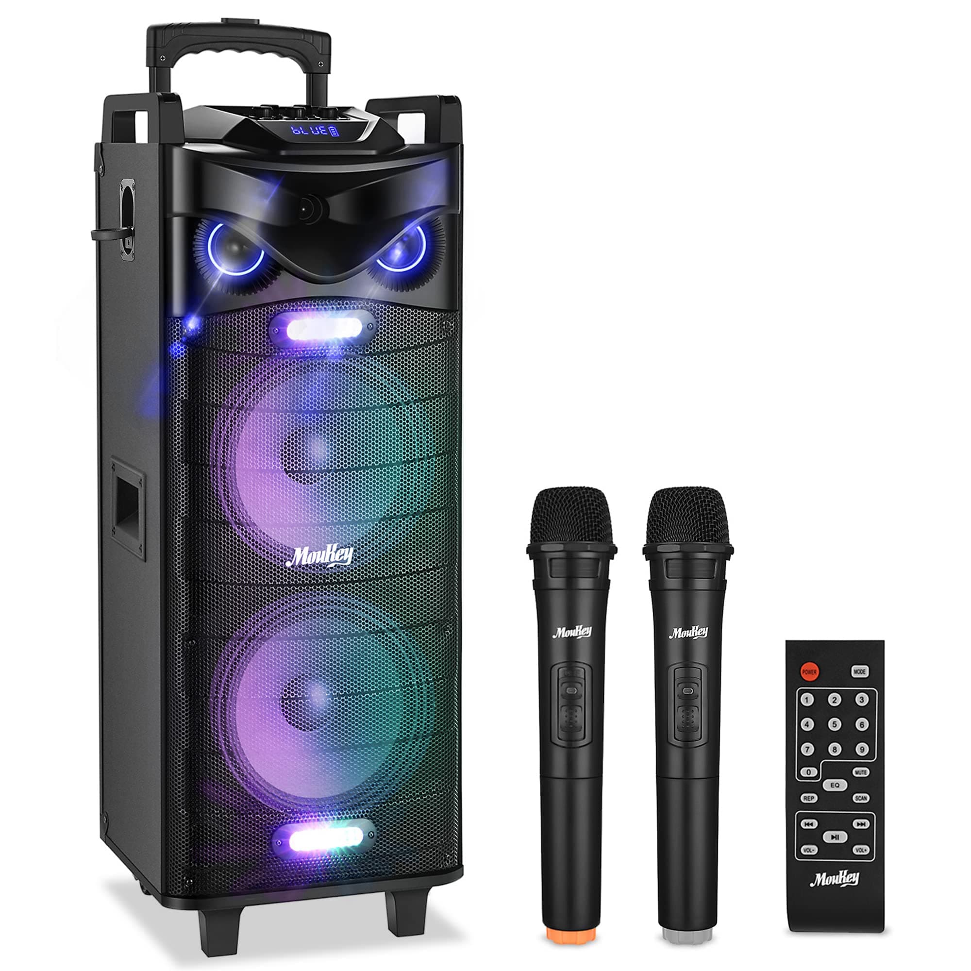 Moukey Karaoke Machine, Double 10" Subwoofer Outdoor Speaker PA System, Portable Bluetooth Speaker with 2 Wireless Microphones, Remote, Disco L...