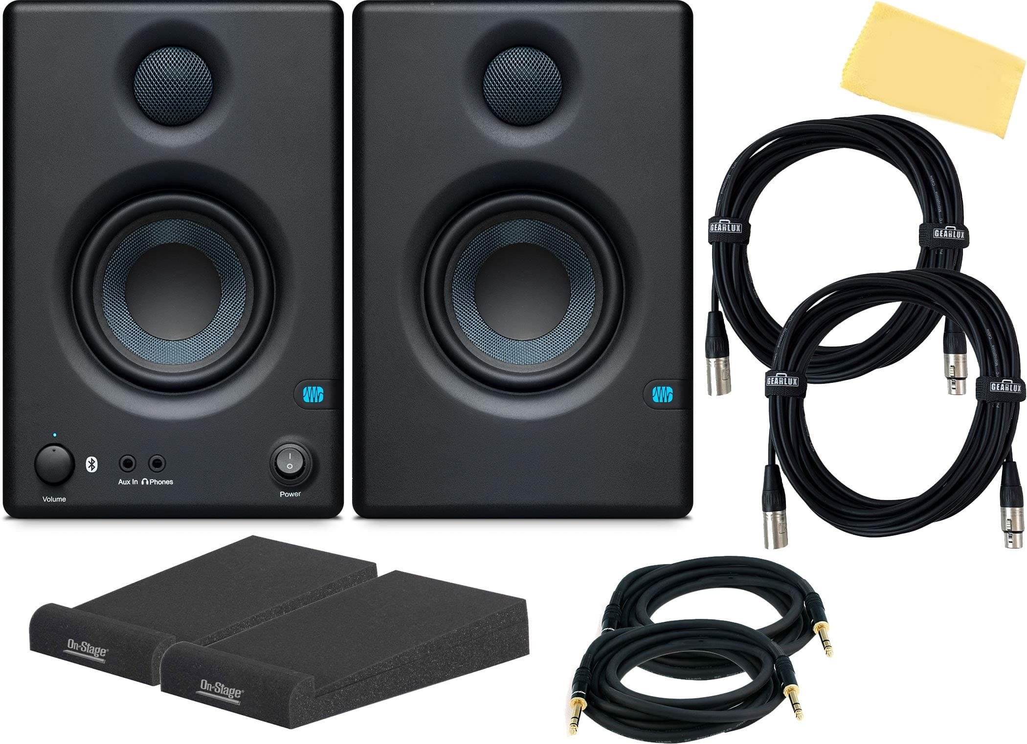 PreSonus Eris E3.5 Bluetooth 3.5" Active Media Reference Monitors (Pair) with Gearlux XLR Cables, Isolation Pads, 1/4" TRS Cables, and Aust...