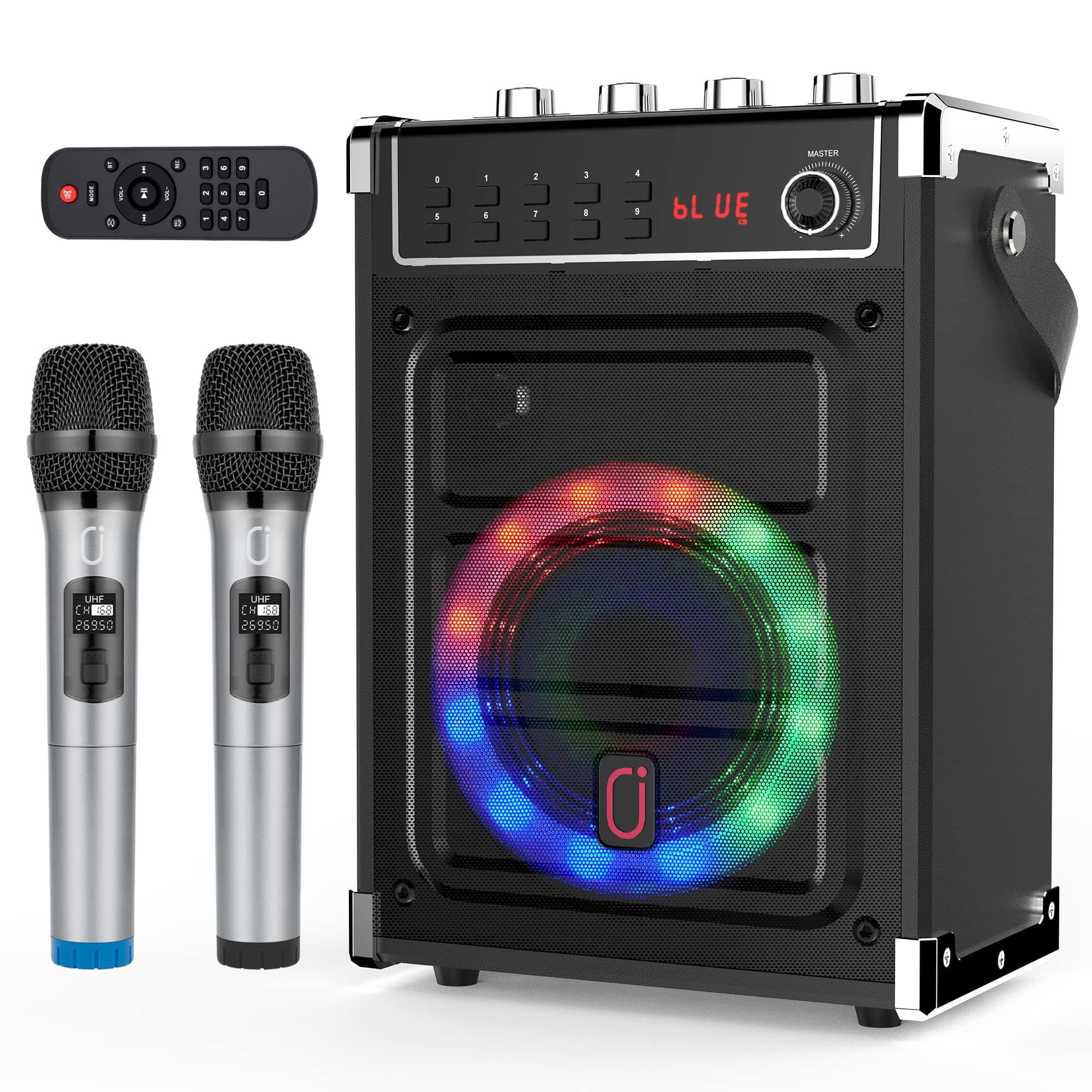 JYX Karaoke Machine with 2 UHF Wireless Microphones, Bass/Treble Bluetooth Speaker with LED Light, Support TWS, AUX In, FM, REC, Supply for Party/A...
