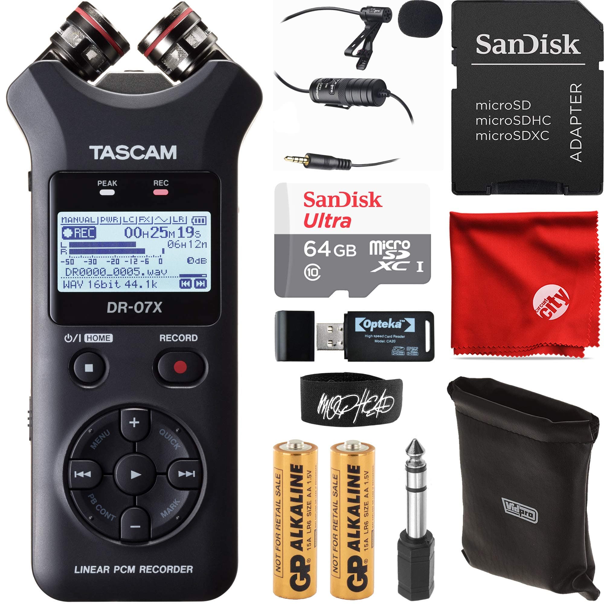 Tascam DR-07X Stereo Handheld Digital Audio Recorder USB Interface Bundle with 64GB Memory Card, Lapel Microphone, Cable Tie, Card Reader, Microfib...