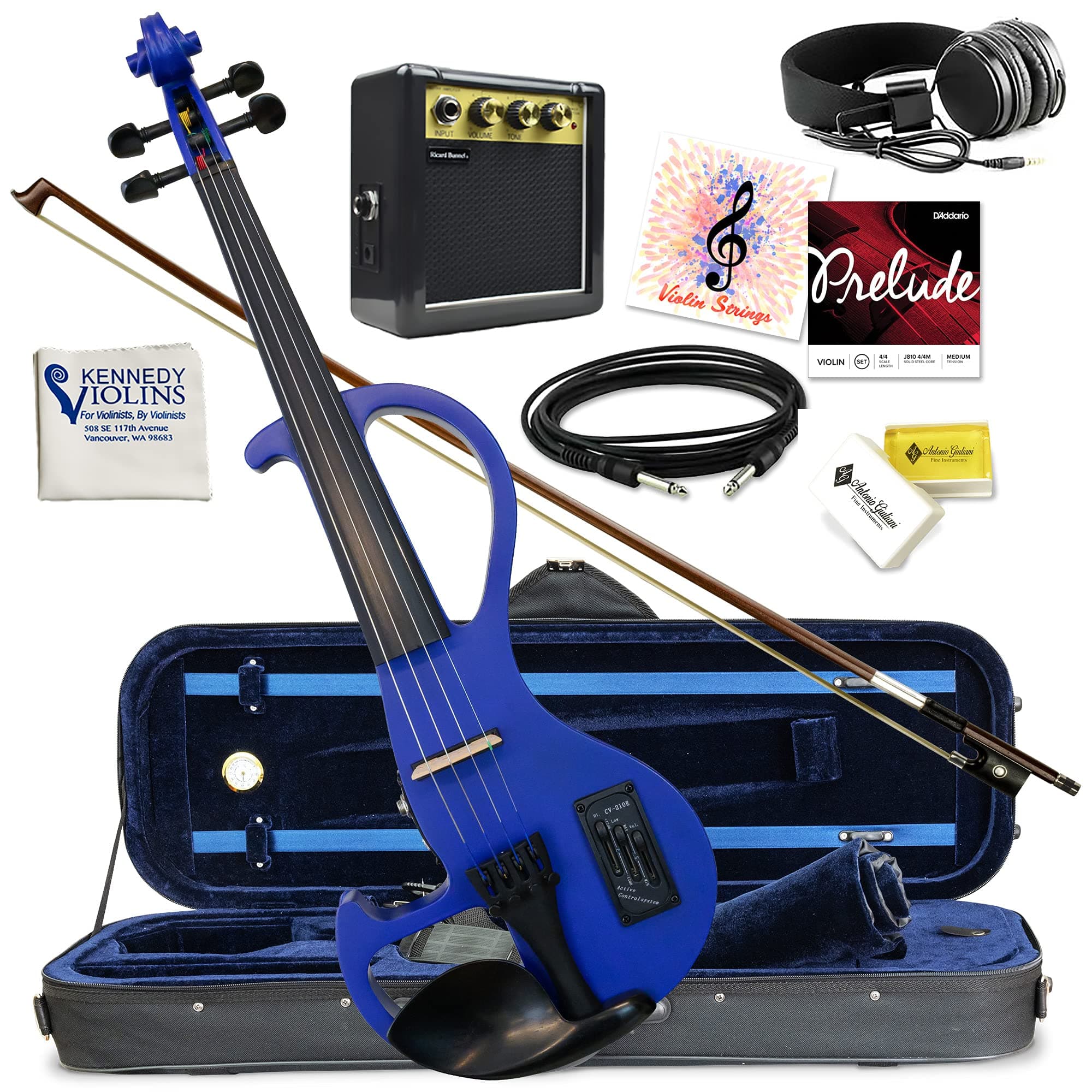Electric Violin Bunnel Edge Outfit 4/4 Full Size (Clear) (BLUE) — High-Quality with Carrying Case and Accessories Included - Headphone Jack - Piezo...