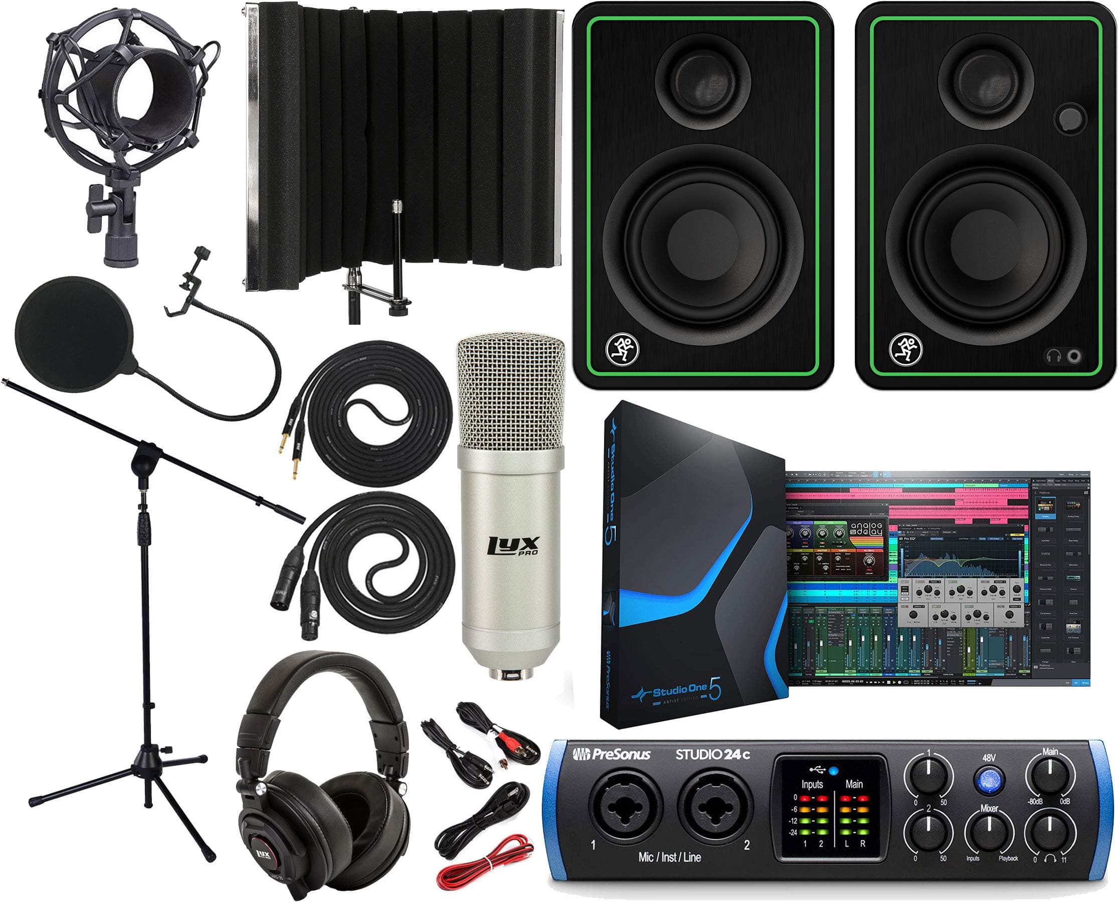 PreSonus Studio 24c 2x2 USB Type-C Audio/MIDI Interface with CR3-X Creative Reference Multimedia Monitors and 1/4” Instrument Cable and Microphone ...