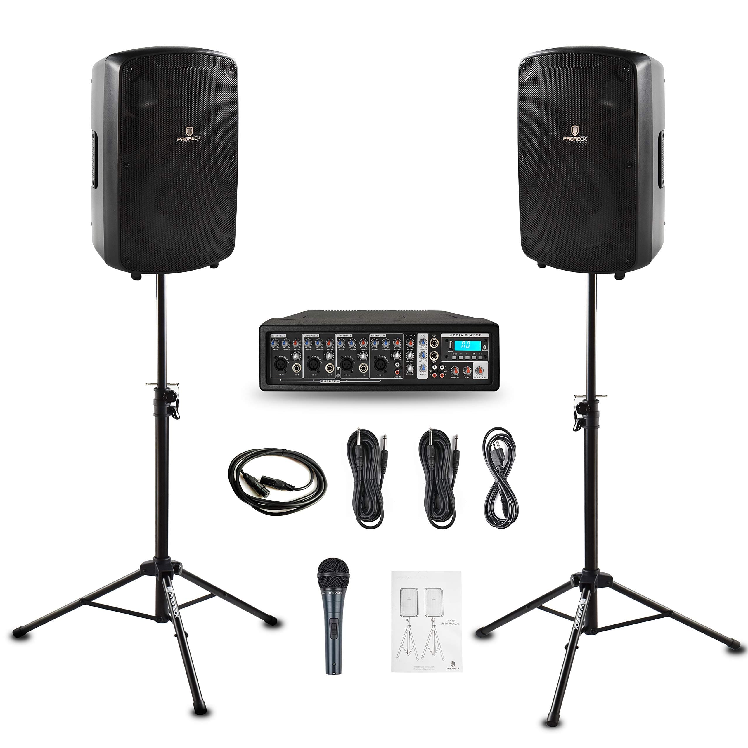 PRORECK MX10 1600W 6-channel Powered Bluetooth Mixer with 10inch Passive Speakers PA System Mixer/Amp/ Stands/Mic