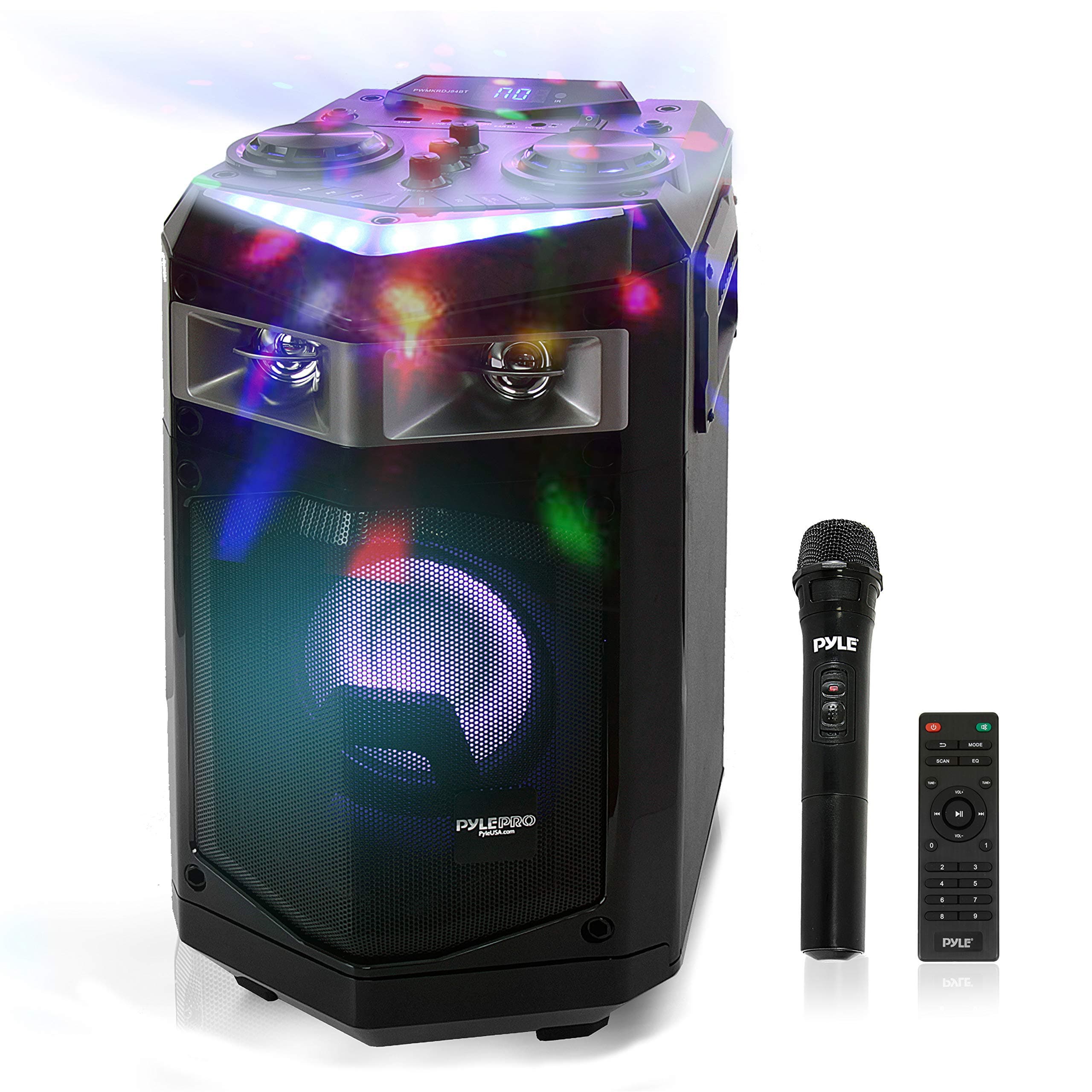 Portable PA Speaker Powered Rechargeable Outdoor Speaker Microphone Set with Mic Talkover MP3 USB SD FM Radio AUX, LED Dj Lights, Black, Pyle PWMKR...