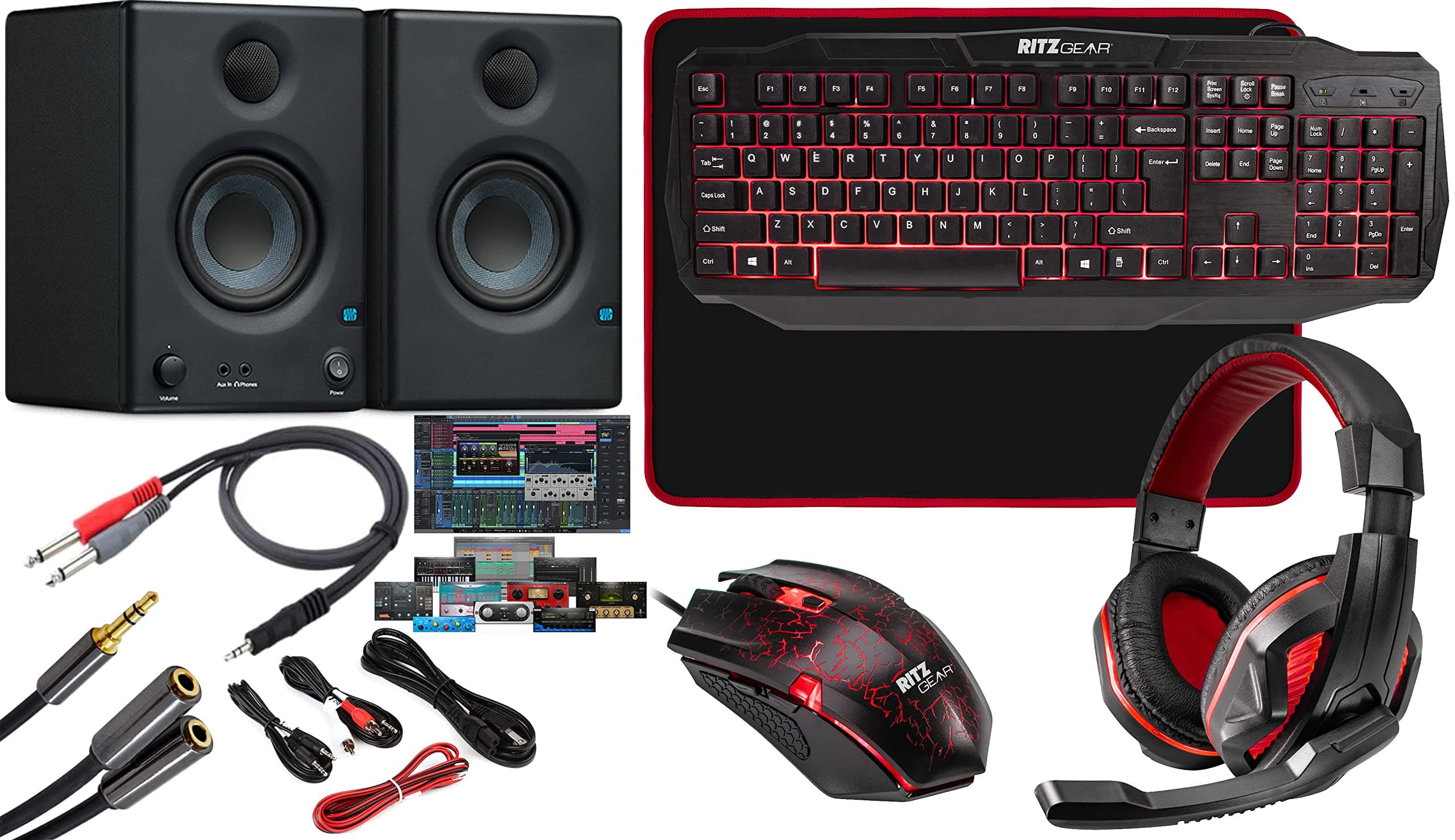PreSonus Pair of Eris E3.5 3.5" 2-Way 25W Nearfield Monitors with Multimedia Keyboard, Optical Mouse, Mouse Pad & Headset Kit for Gamers, Music...