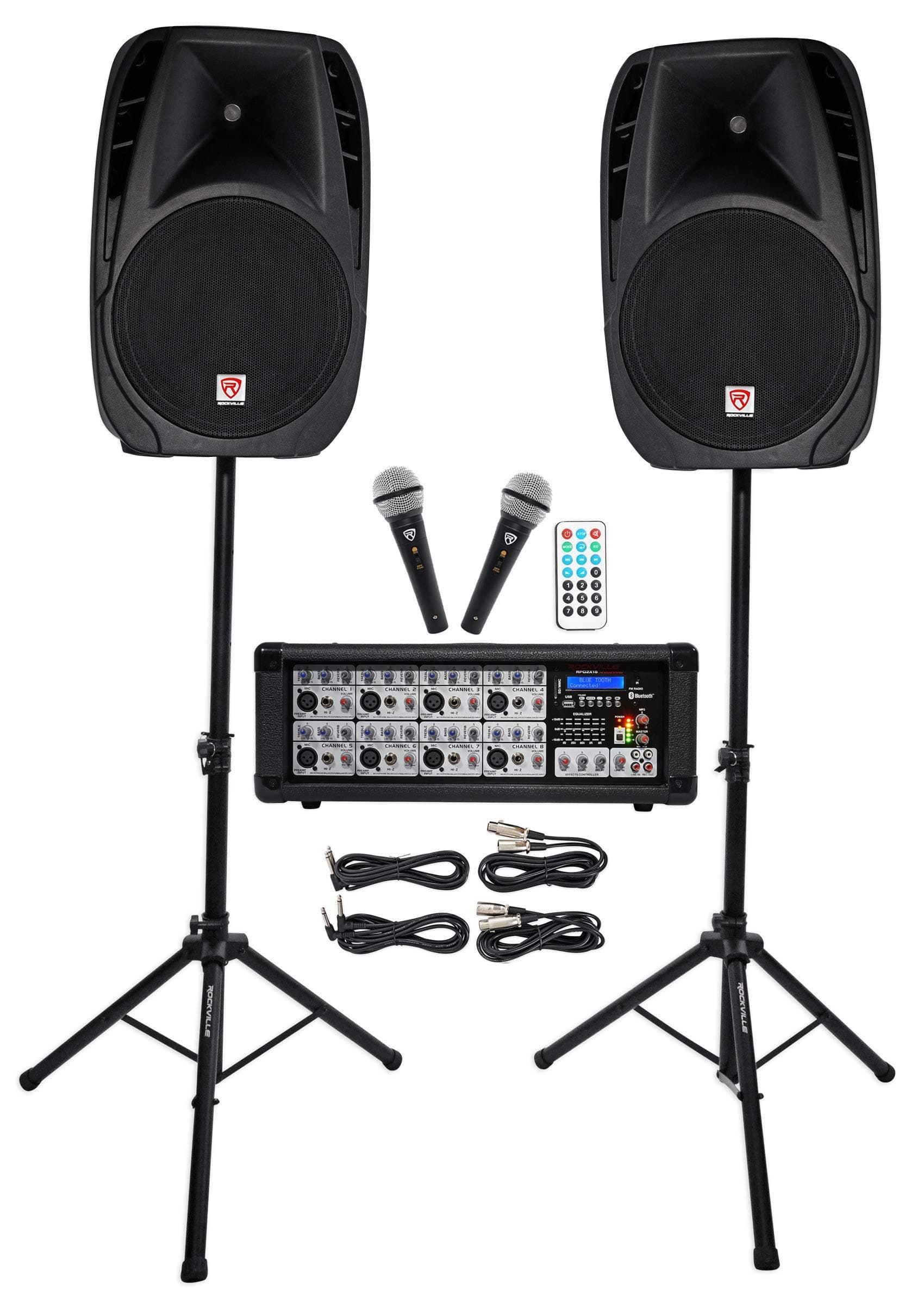Rockville Package PA System Mixer/Amp+ 15 inch Speakers+Stands+Mics+Bluetooth, 15" (RPG2X15)