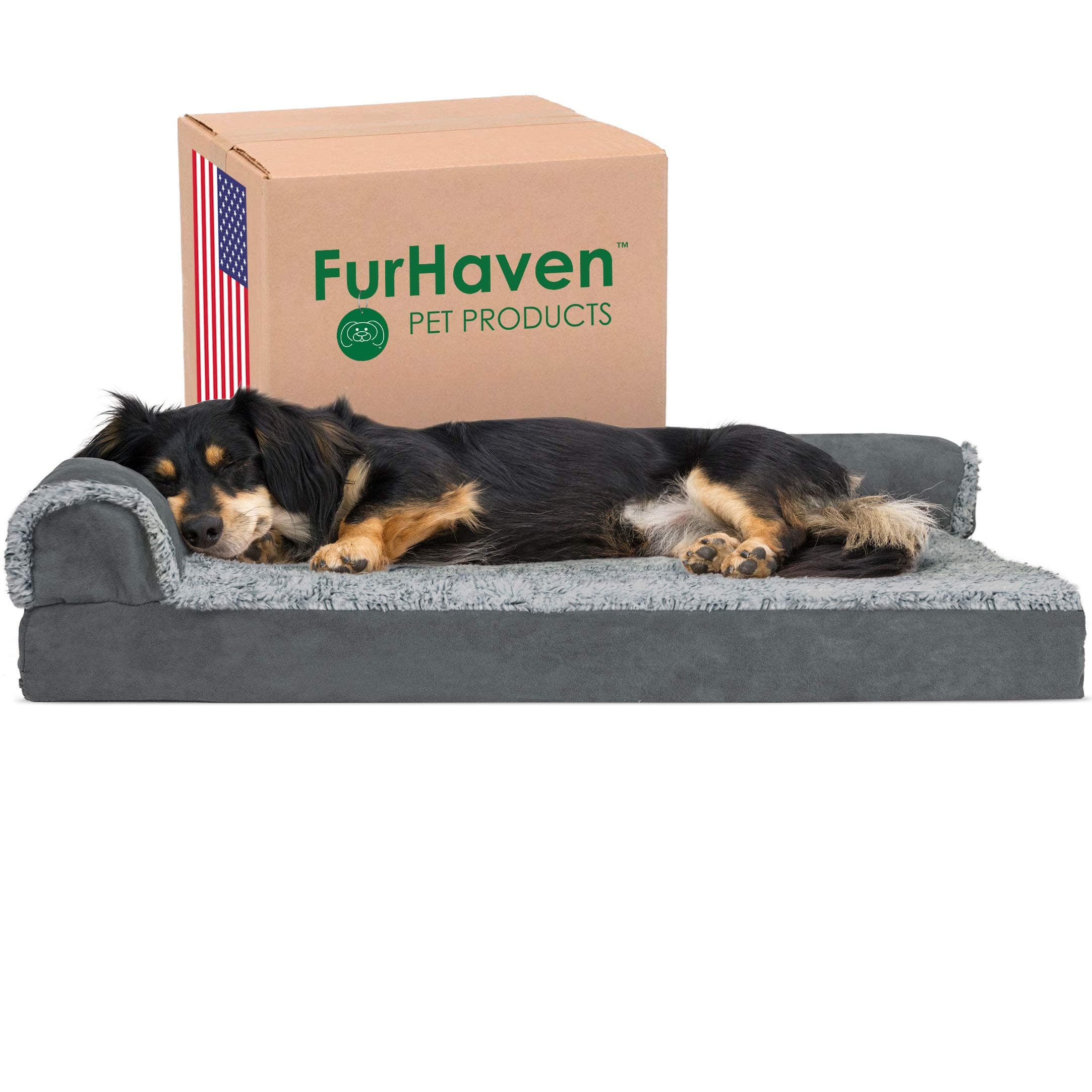Furhaven Pet - Plush Orthopedic Sofa, L-Shaped Chaise Couch, Ergonomic Contour Mattress, & Long Faux Fur Calming Donut Dog Bed for Dogs & Cats - Mu...