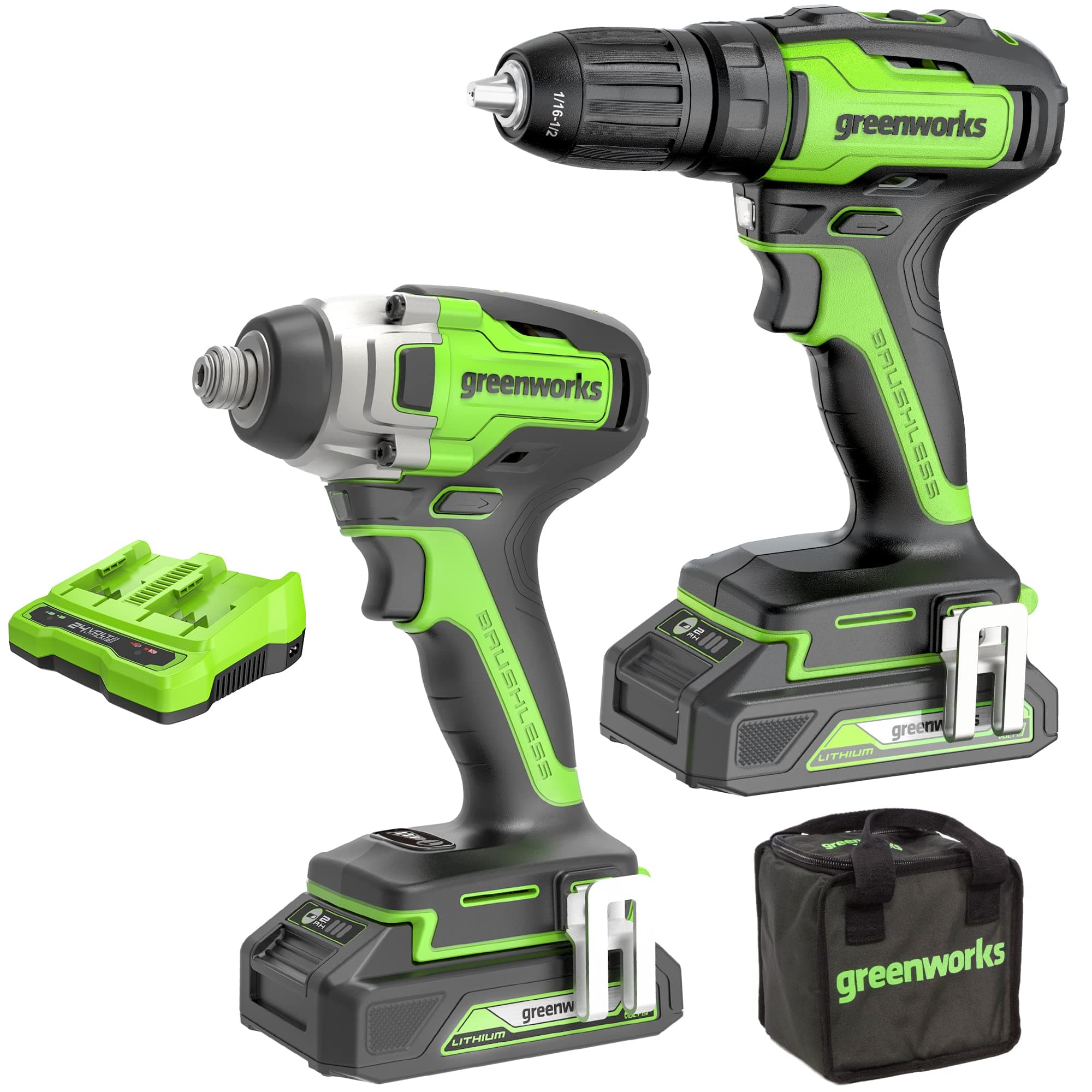 Greenworks 24V Brushless 310 in./lbs Drill / Driver + 2650 in./lbs Impact Driver Combo Kit, (2) USB (Power Bank) Batteries and Dual Port Charger In...