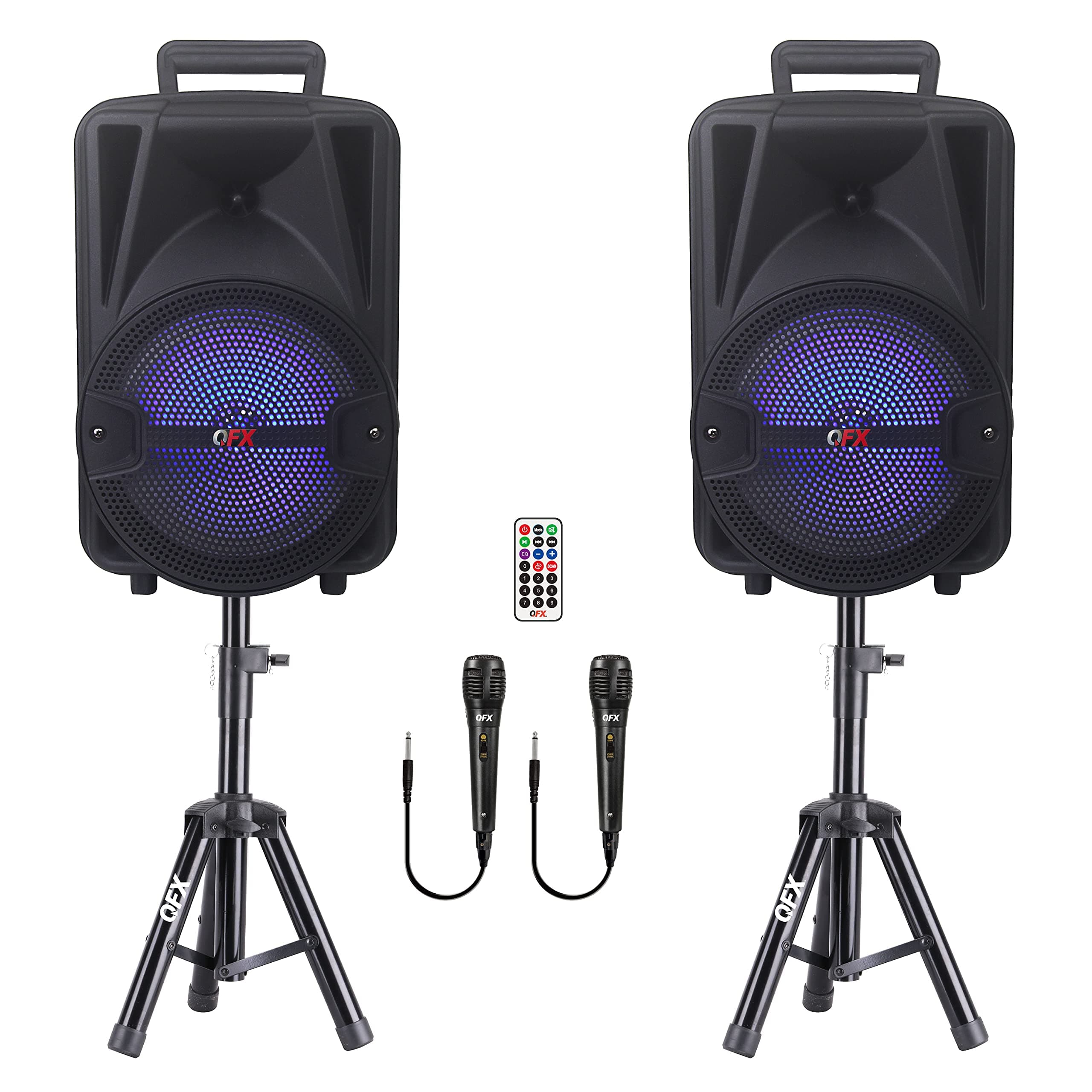 QFX PBX-800 TWS Bluetooth 8” Woofer 1” Tweeter Rechargeable Portable Speakers with Remote Control AC Adapter 2 Stands and 2 Microphones PBX-800TWS ...