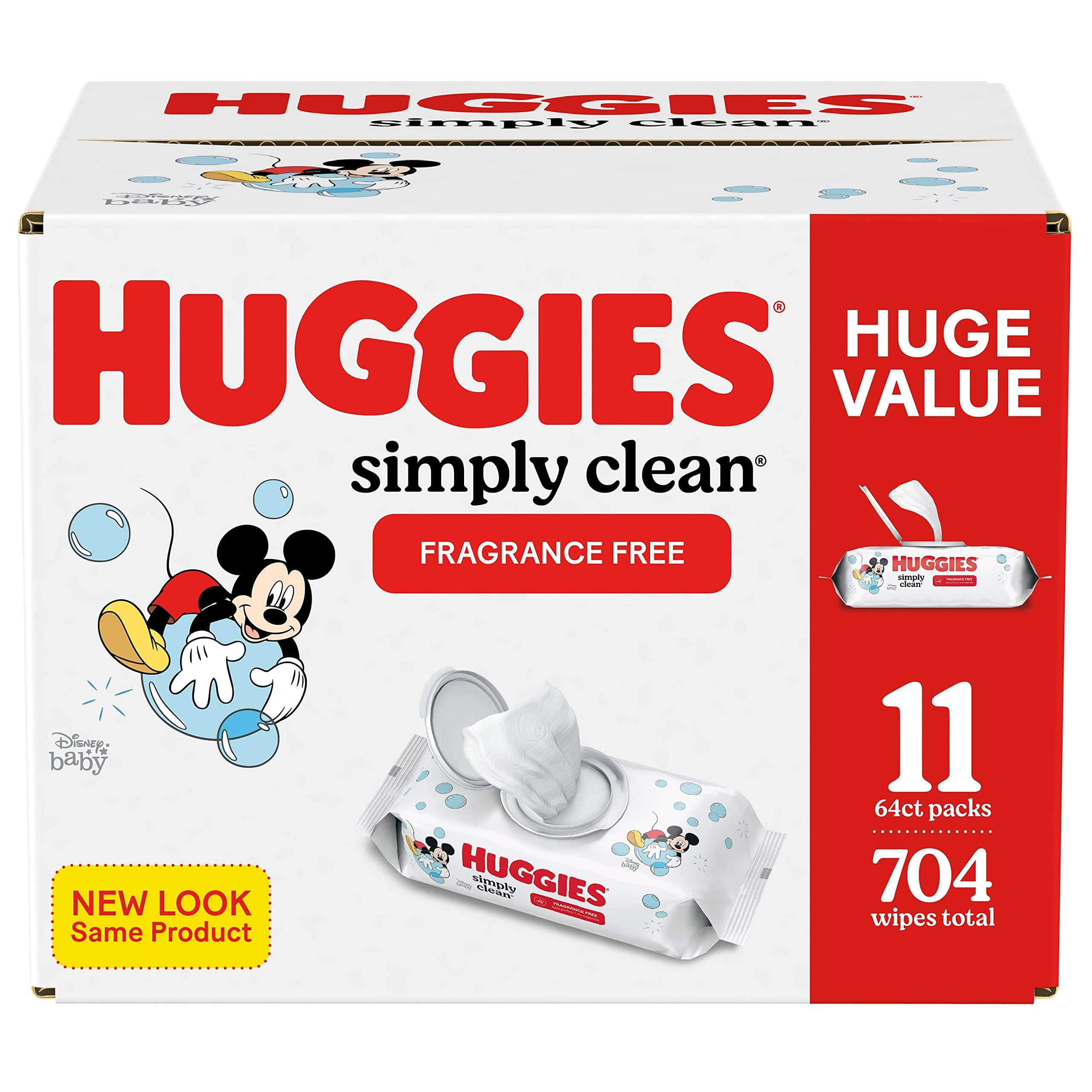 Baby Wipes, Unscented, Huggies Simply Clean Fragrance-Free Baby Diaper Wipes, 11 Flip Lid Packs (704 Wipes Total)