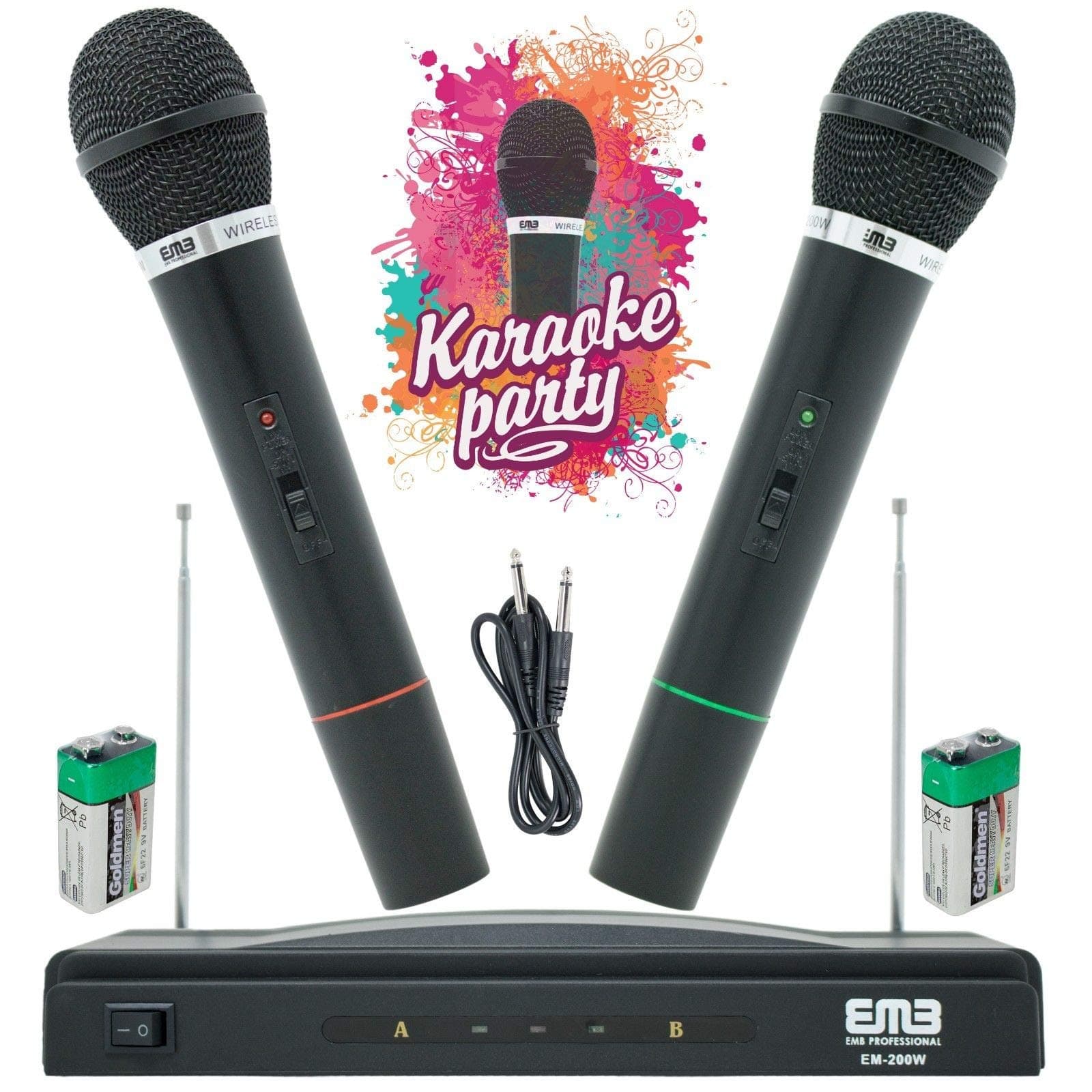EMB EM-200W Professional Wireless Microphone System Dual Handheld (2 Microphones) 1 Cordless FM Receiver Including 1X 1/4" Jack Cable/Frequency...