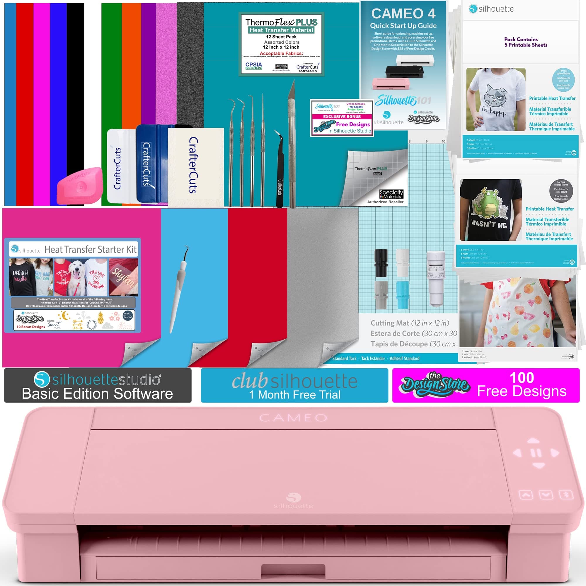 Silhouette Cameo 4 T-Shirt Making Bundle- Includes 28 total Sheets of Heat Transfer Vinyl, Deluxe Vinyl Tool Kit, Startup Guide, and Bonus Designs