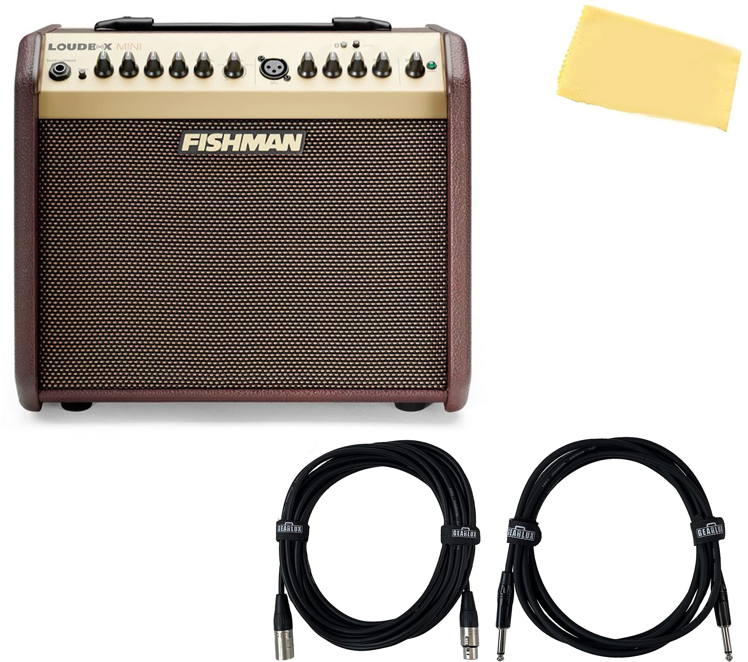 Fishman 60 Watts Loudbox Mini Amplifier Bundle with 10 Ft Gearlux XLR Microphone Cable, 10 Ft Gearlux Instrument/Guitar Cable and Austin Bazaar Pol...