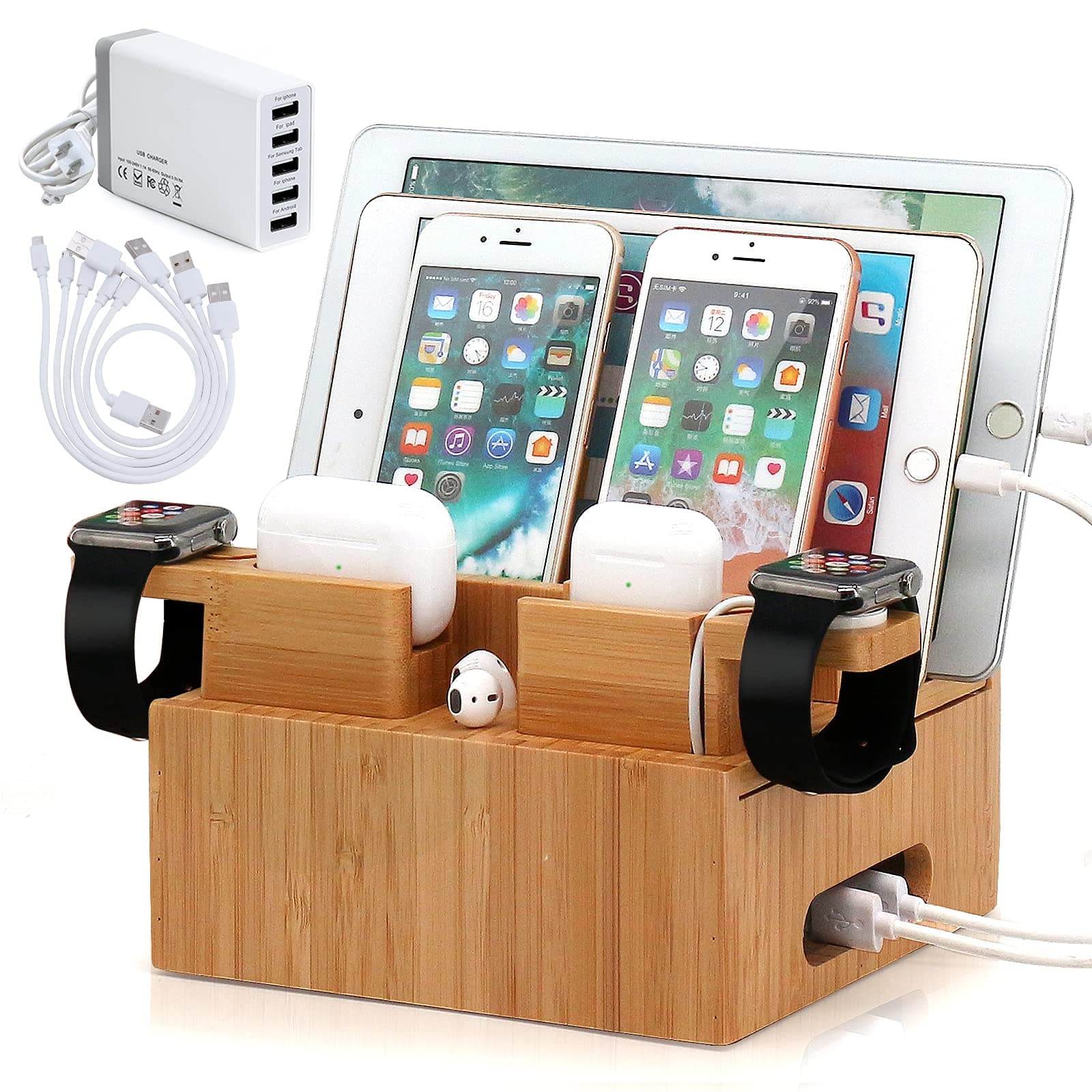 Bamboo Charging Station Organizer for Multiple Devices (Included 5 Port USB Charger, 5 Pack Charge & Sync Cable, with Earbuds & Watch Stand), Elect...