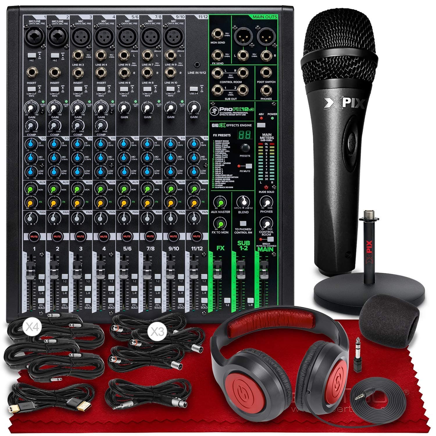 Mackie ProFX12v3 12-Channel Professional Sound Reinforcement Mixer with Built-In FX + SR360 Stereo Headphones, Xpix Condenser Microphone, Xpix 6” M...