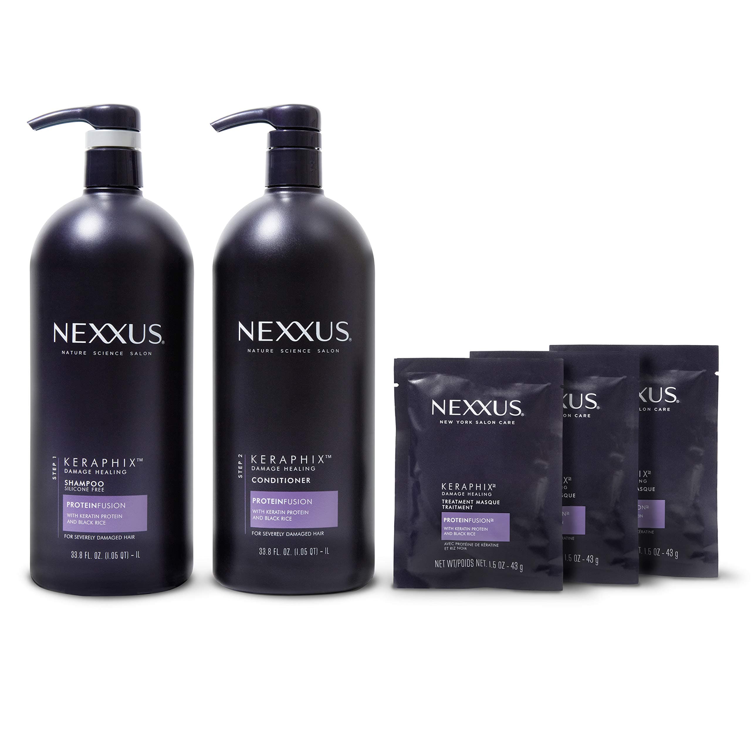 Nexxus Keraphix Shampoo and Conditioner + Repair Treatment Masks for Damaged Hair, Black, 33.8 Oz, 2 Count + 1.5 Oz, 3 Count