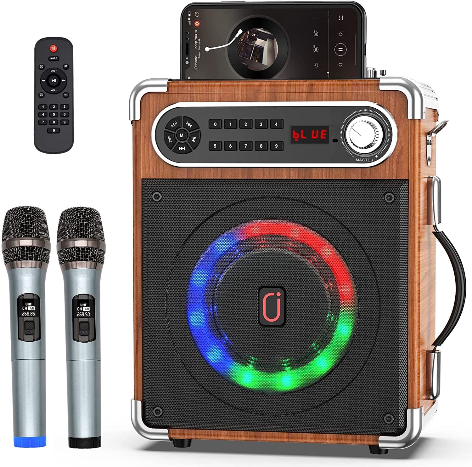 JYX Karaoke Machine with Two Wireless Microphones, Portable Bluetooth Speaker with Bass/Treble Adjustment, Remote Control and LED Lights, Supports ...