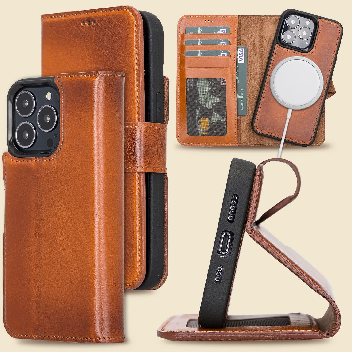 Bayelon Case for iPhone 13 Pro, Full Grain Leather Wallet Case, [2in1], Detachable Magnetic Flip Cover with Card Slots, Kickstand, MagSafe Compatib...