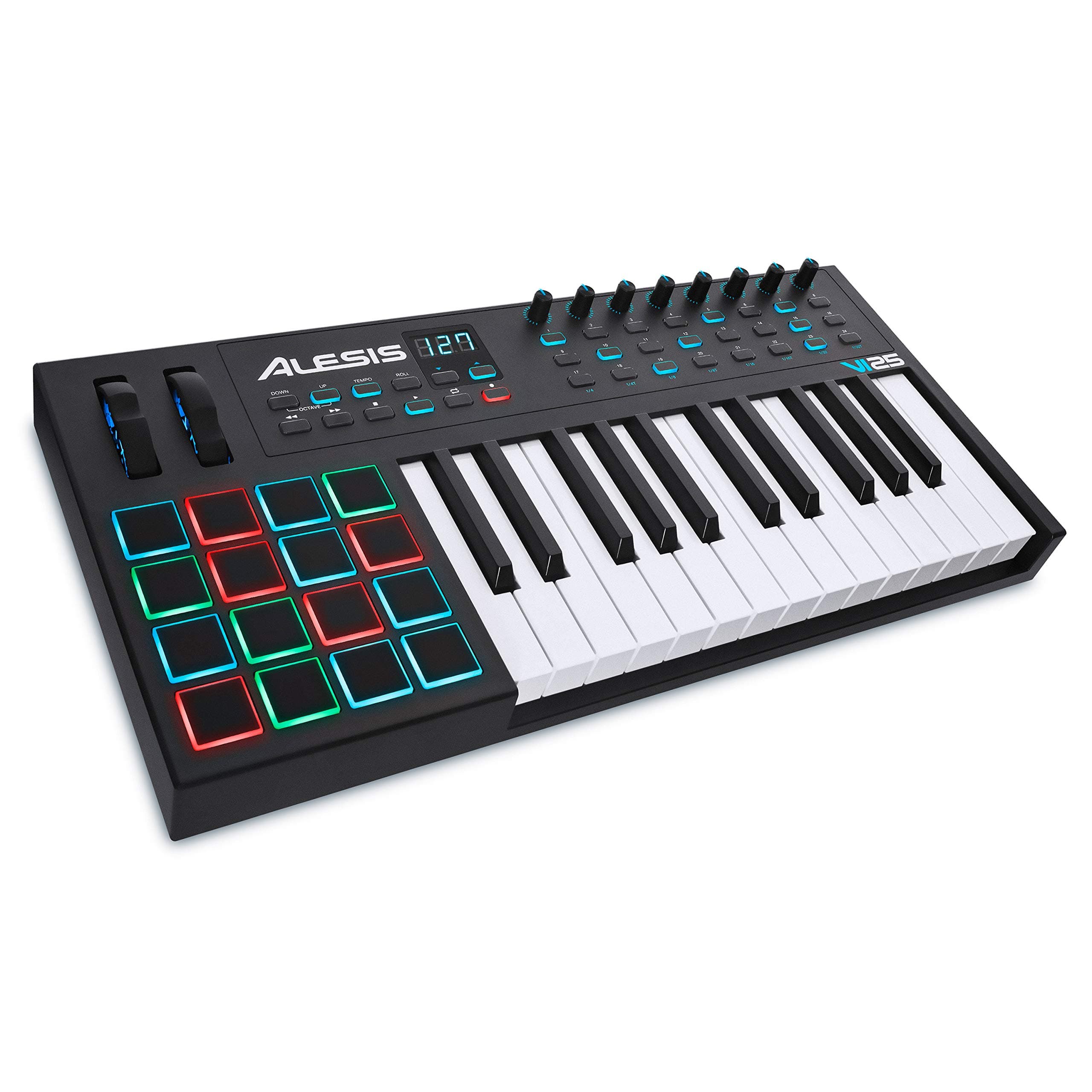 Alesis VI25 - 25 Key USB MIDI Keyboard Controller with 16 Pads, 8 Assignable Knobs, 24 Buttons and 5-Pin MIDI Out Plus Production Software Included