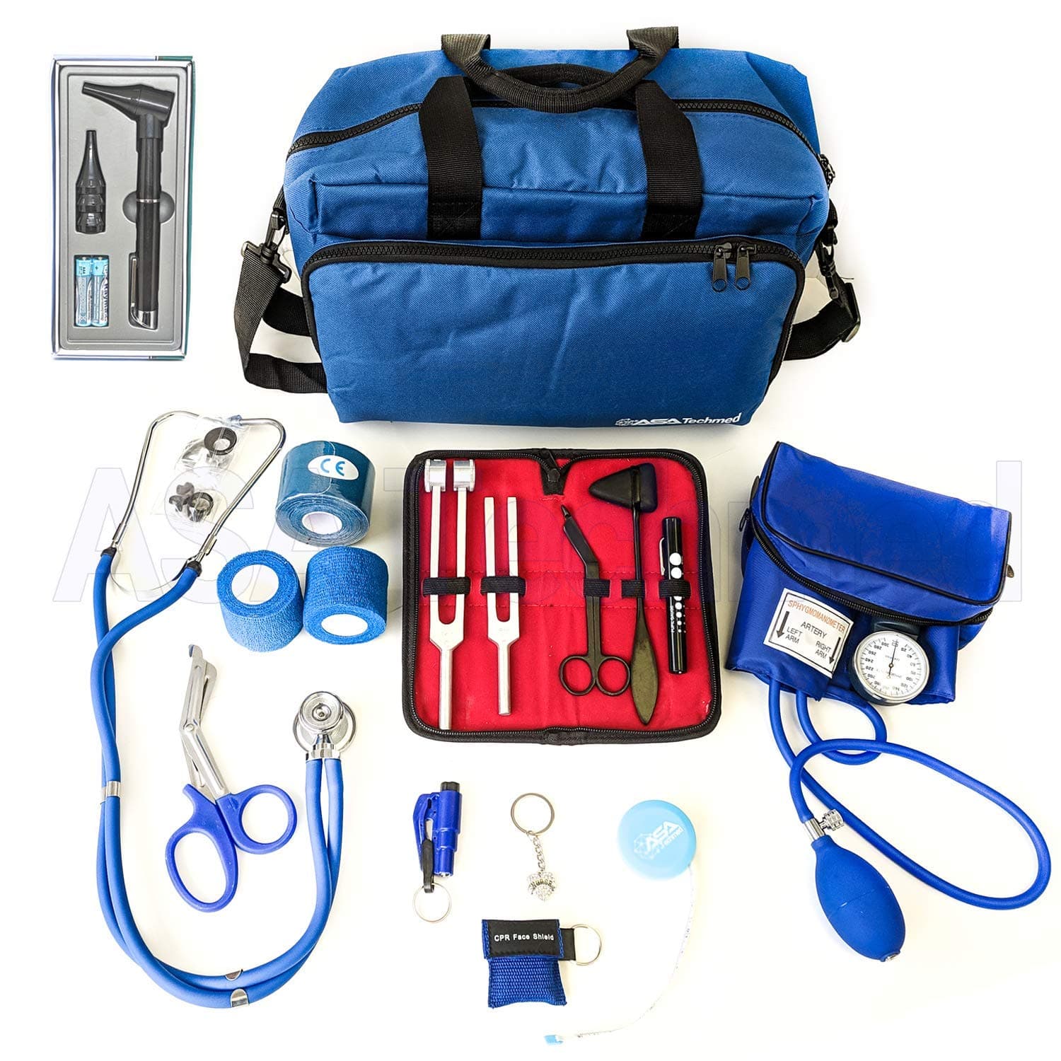 ASA Techmed Nurse Starter Kit - Stethoscope, Blood Pressure Monitor, Tuning Forks, and More - 18 Pieces Total (Blue)