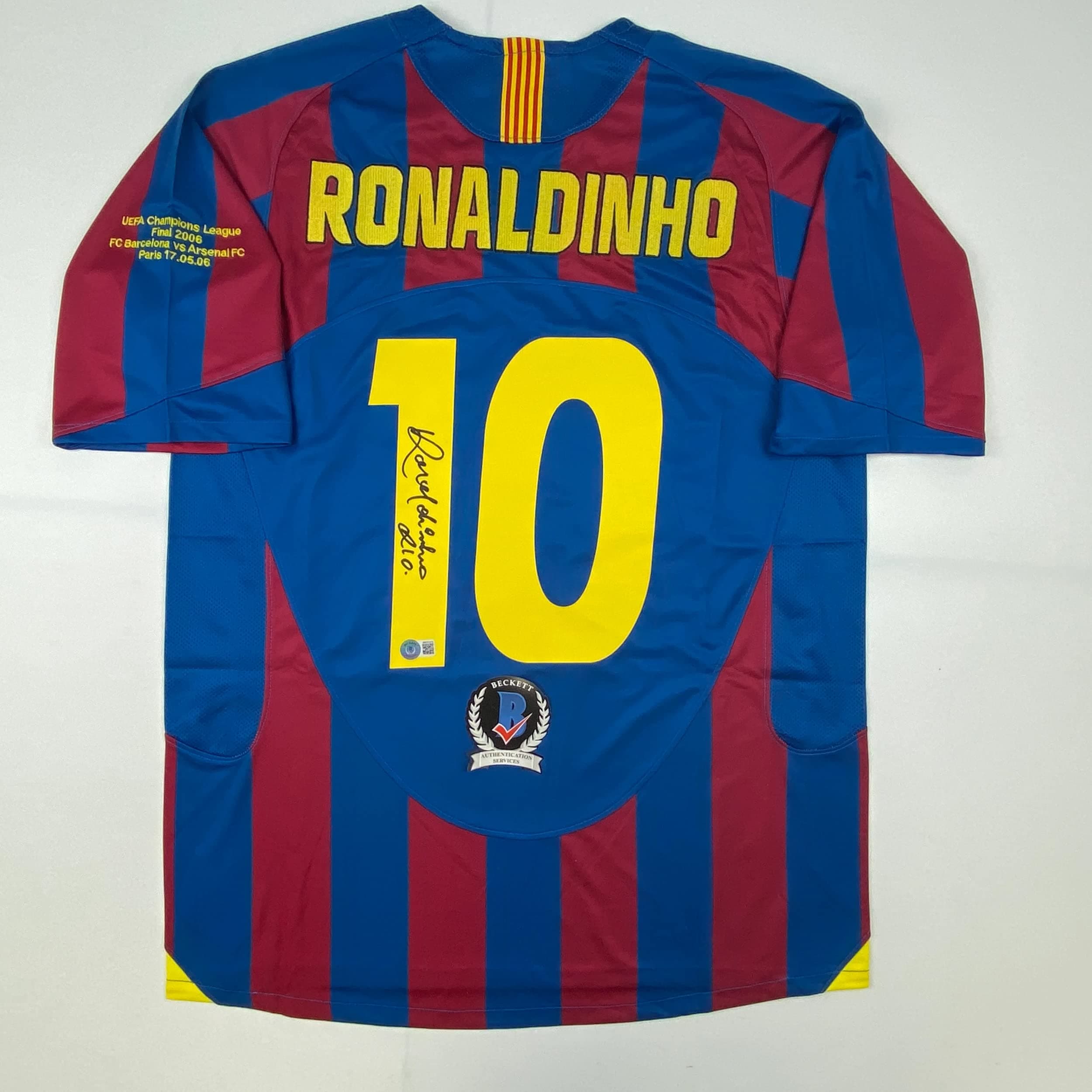 Autographed/Signed Ronaldinho FC Barcelona Red/Blue Soccer Futbol Jersey Beckett BAS COA